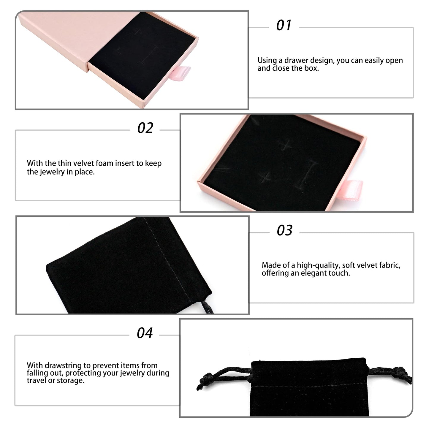 Quacc Small Jewelry Gift Box and Velvet Bag, Necklace Bracelet Earring Cardboard Organizer Square Jewellery Gift Box Pendent Storage Case for Birthday Xmas Christmas Wrapping (Pink)