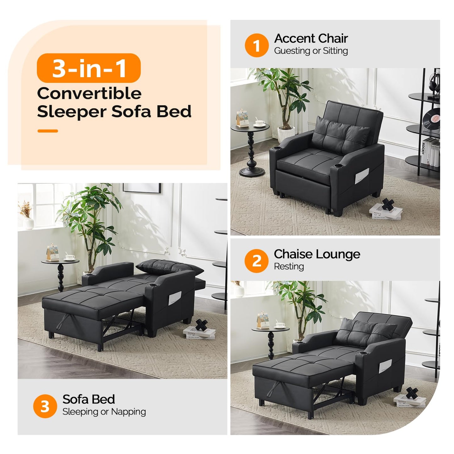 VINGLI Sleeper Chair 3-in-1 Convertible Sofa Bed Adjustable Recliner Sofa Modern Pull Out Couch Bed with 2 USB Ports 2 Cup Holders 2 Side Pockets for Living Room Bedroom Small Spaces, Black