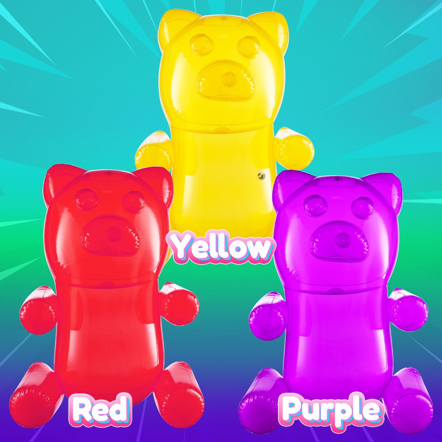 24" Inflatable Gummy Bears (Pack of 3) Big Huge Blow Up Gummy Bear Pool Toy Decorations, Birthday Party Supplies and Themed Candy Land Party Favors for Kids