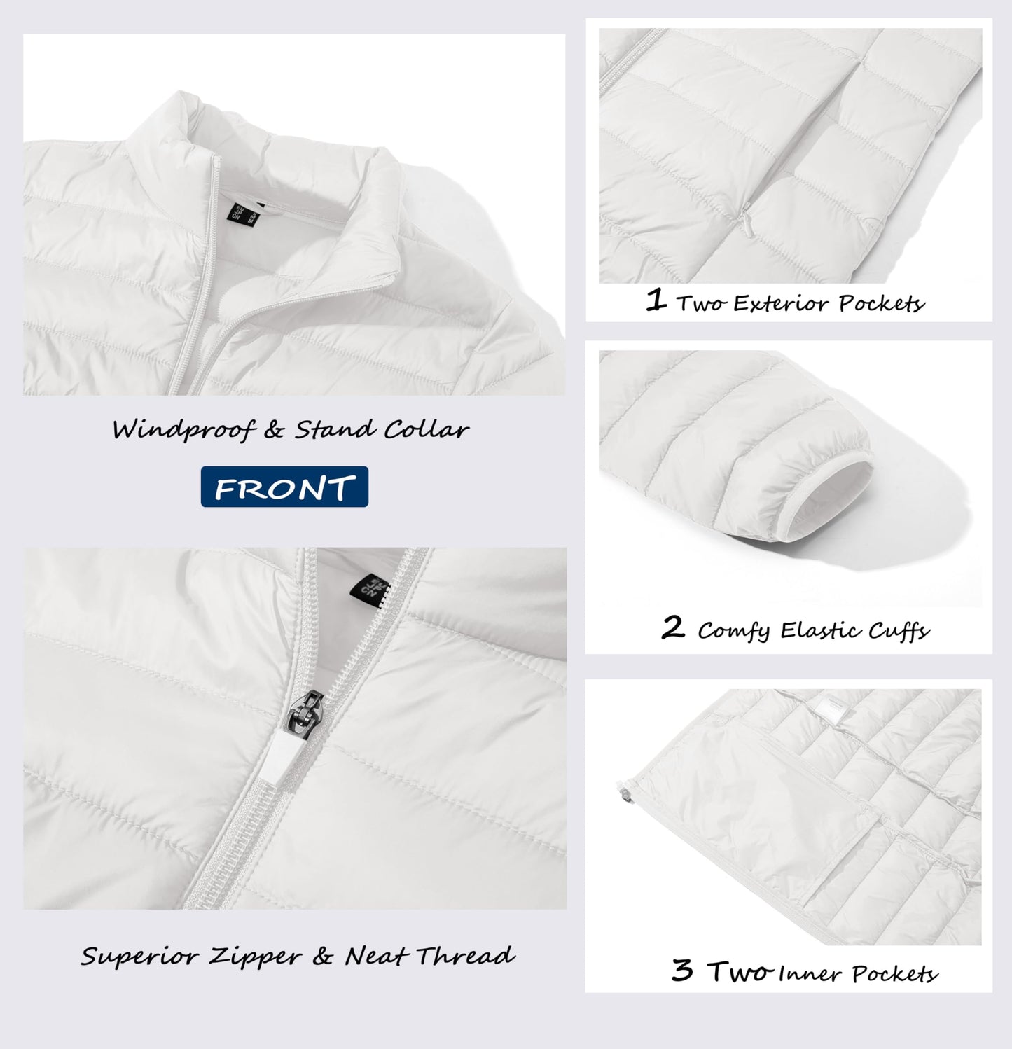 MAGCOMSEN Women's Puffer Jacket Ultra-lightweight Quilted 4 Pockets Full Zip Stand Collar Jackets Winter Warm Coat, White S