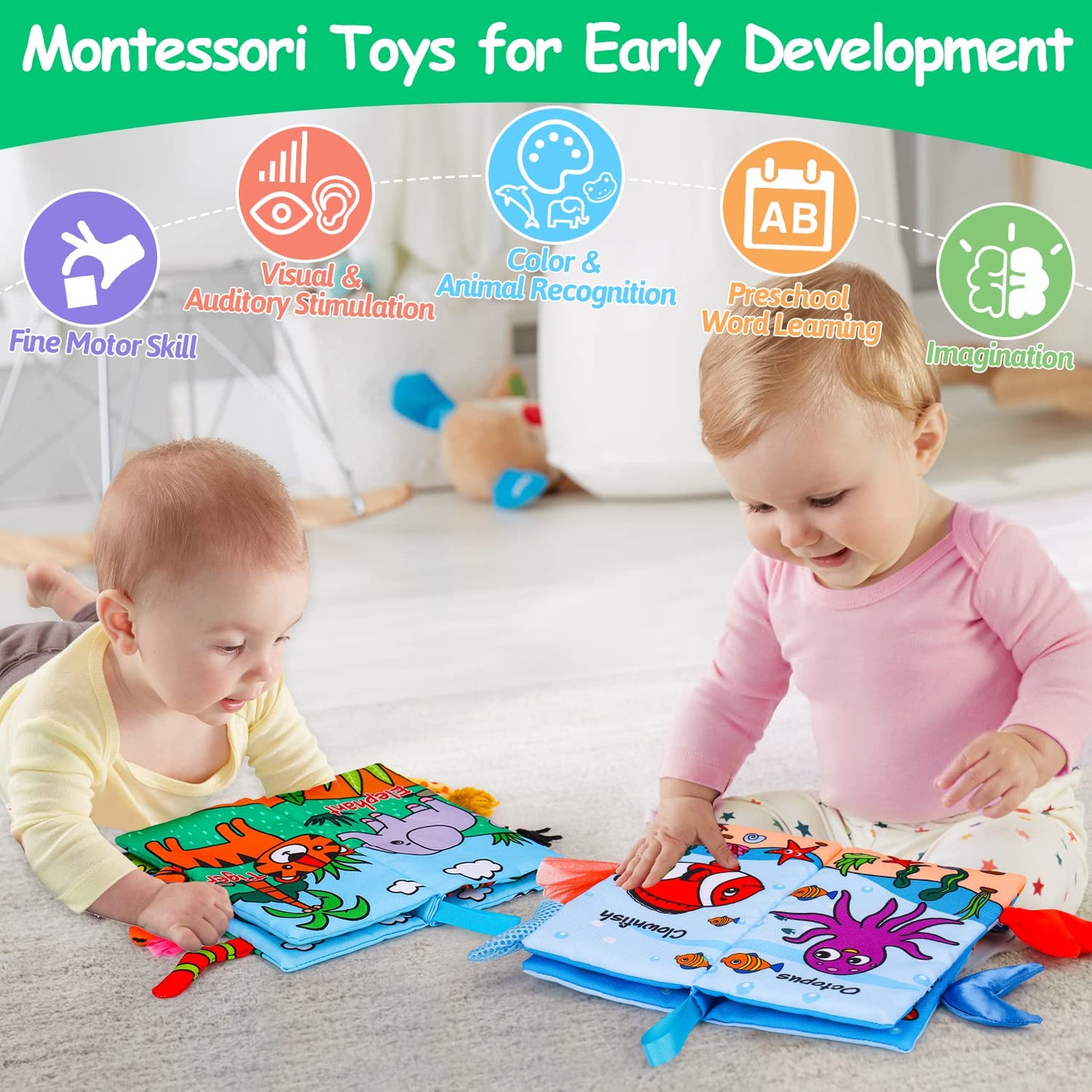 2PCS Baby Books 0-6 Months Tummy Time Infant Toys 0-3 Months High Contrast Baby Sensory Toys 3-6 6-12 Months Newborn Essentials Must Haves Crinkle Touch Feel Busy Soft Books for Babies Shower Gifts