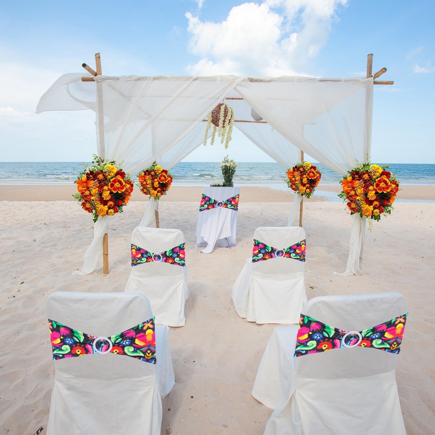 Newwiee 36 Pcs Mexican Theme Stretch Chair Sashes Bands with Buckle Mexican Chair Decorations Elastic Chair Bows for Folding Chairs Wedding Cinco De Mayo Event Fiesta Party Birthday Banquet