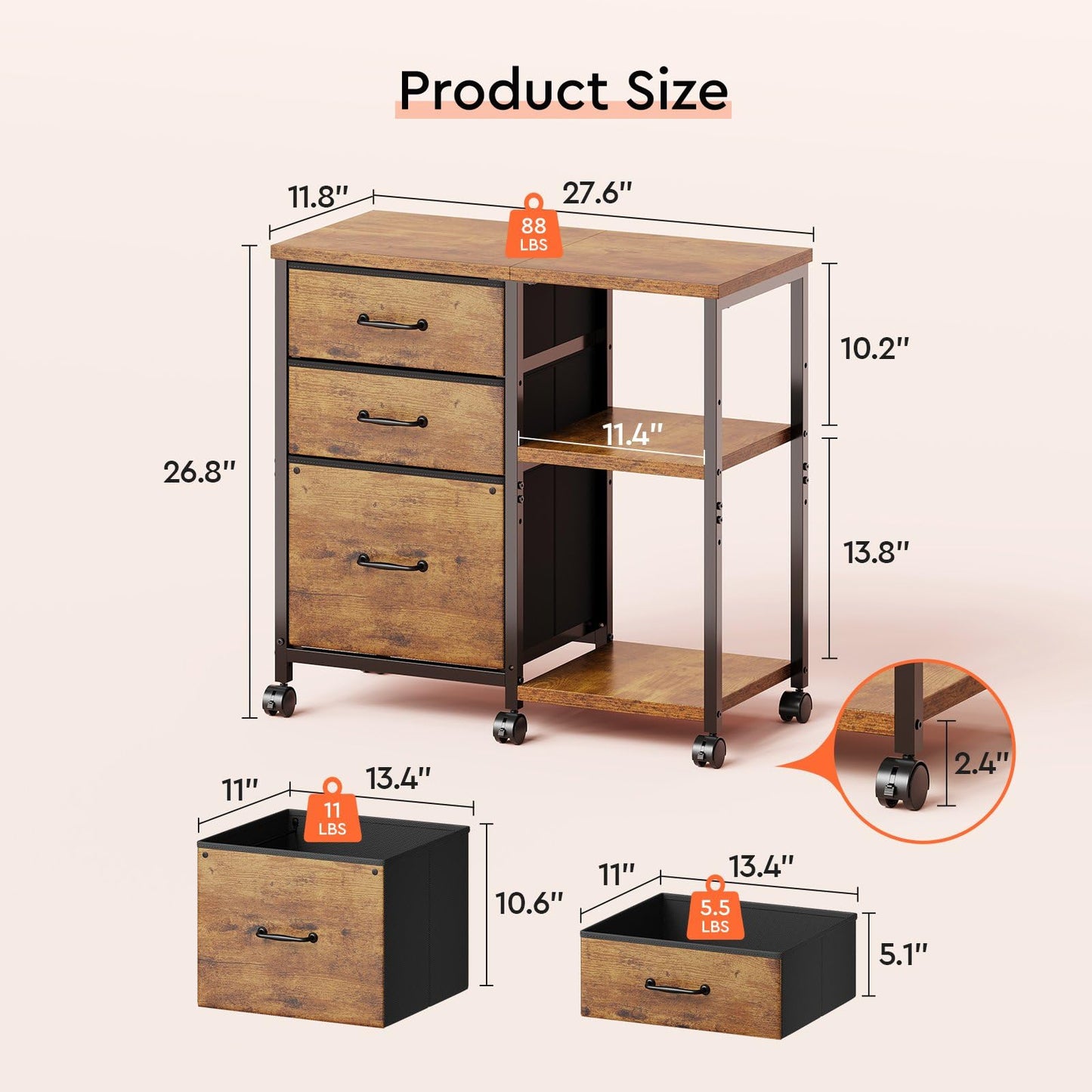 Maihail 3 Drawer File Cabinet with Wheels Rolling Printer Stand with Open Storage Shelf Fabric Lateral Filing Cabinet for Home Office,Rustic Brown2