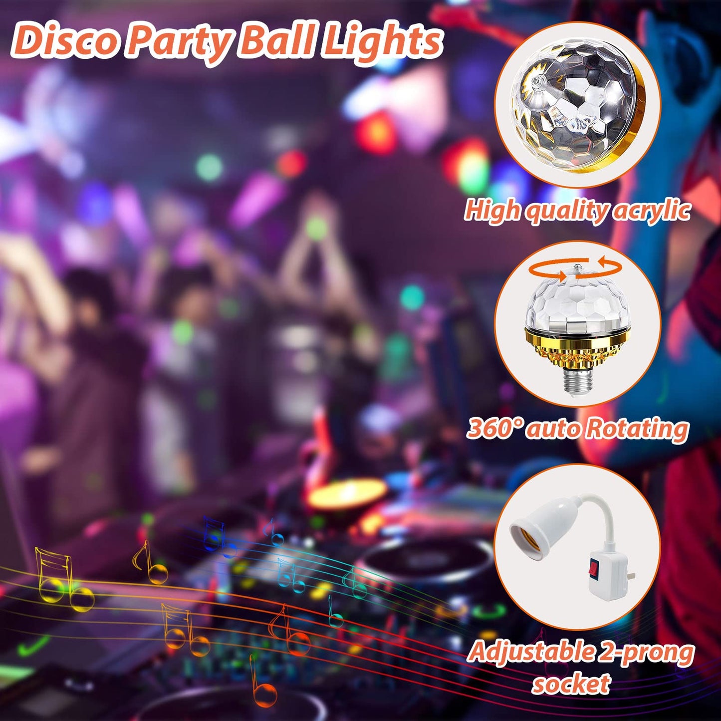 MIKWOAB 2 Pack Colorful Magic Rotating Ball Light, LED Plug in Disco Ball Light, RGB Disco Light Bulb, Party Lights Dj Disco Lights with Sockets for Home Room Dance Parties Bar Karaoke