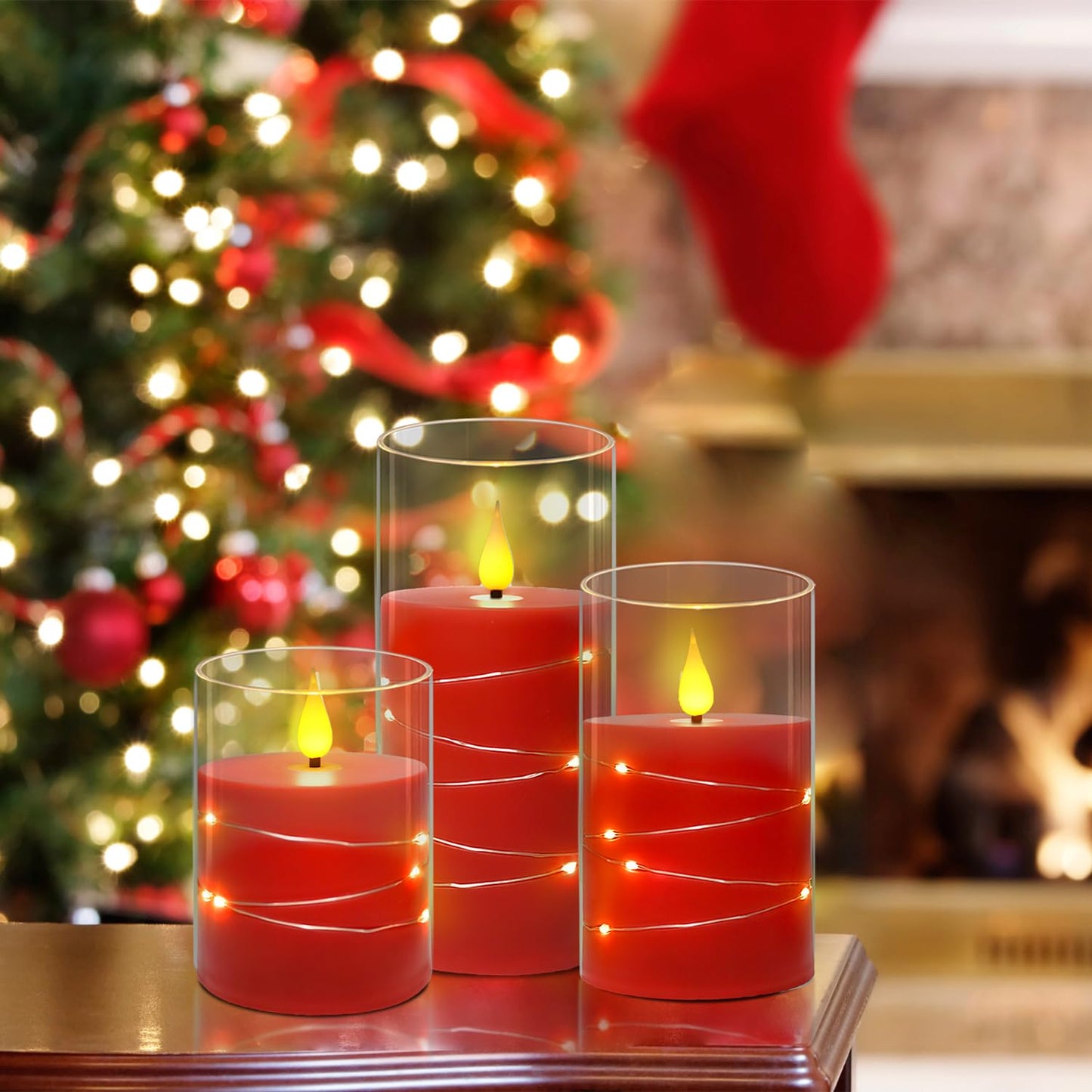 Da by Flickering Flameless Candles with Remote,Acrylic LED Candles with Embedded Star String,Battery Operated Candle, for Home and Holiday Decoration Set of 3（Red）
