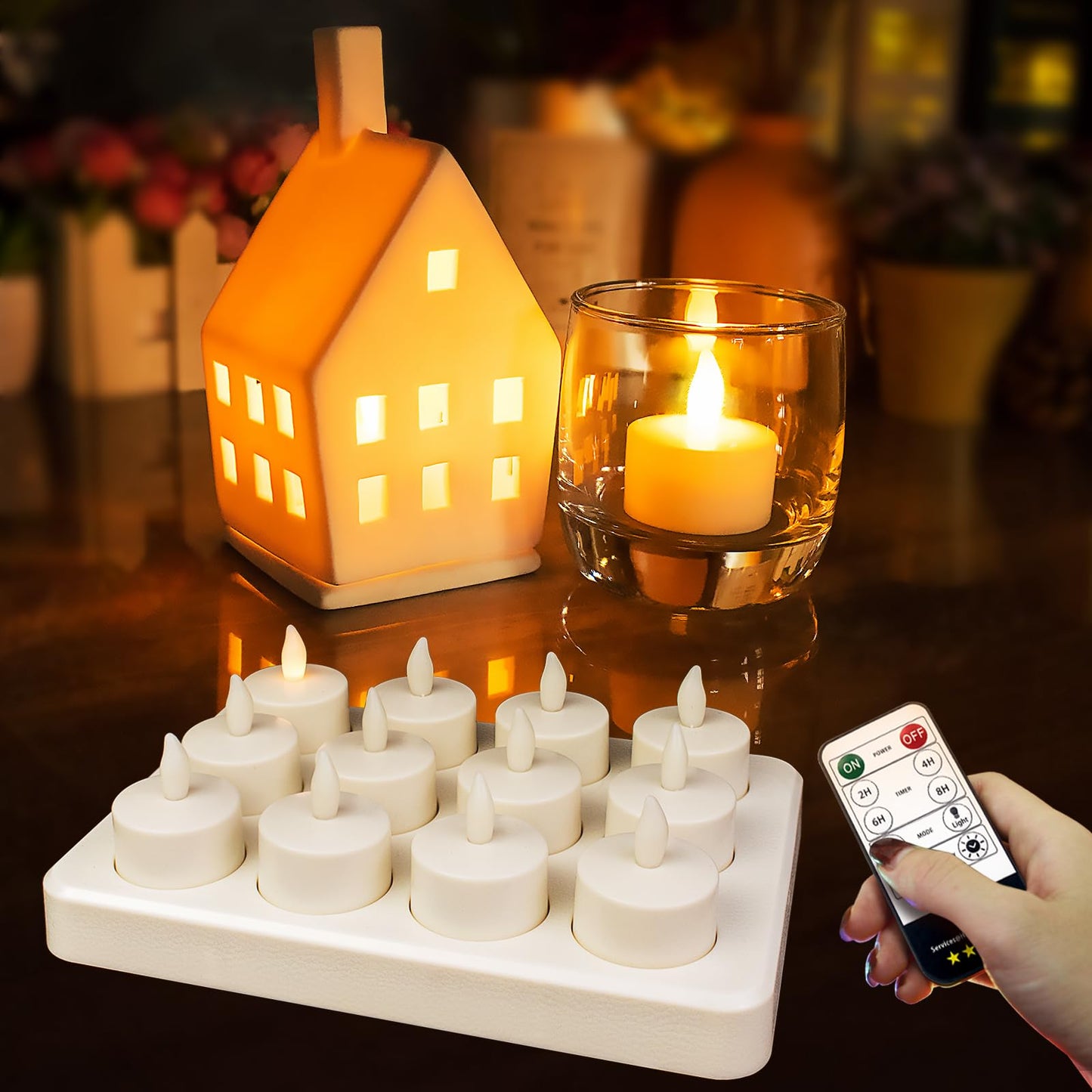 HL Rechargeable Tea Lights with Remote & Charging Base,12pcs 50+Hours Rechargeable Battery Operated Tea Lights Timer, LED Votive TeaLights Flameless Candles Yellow Light for Wedding Home Party Decor