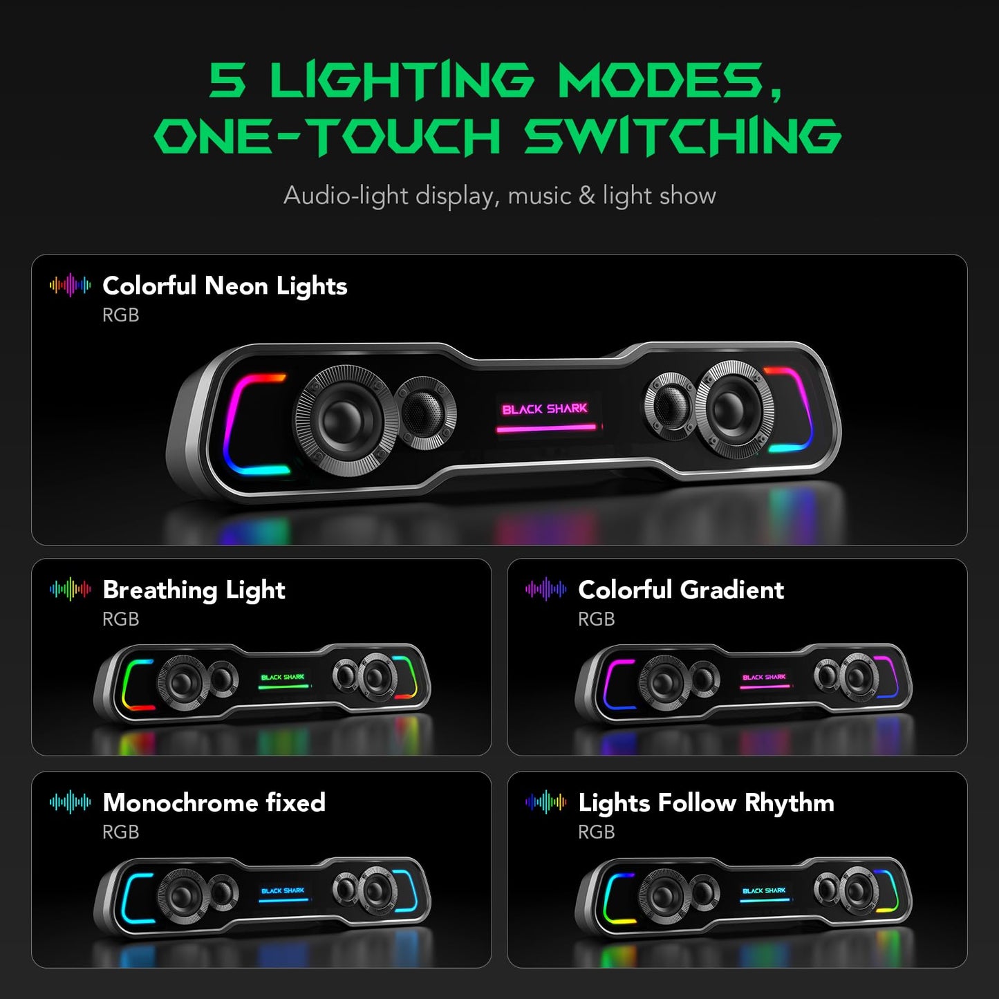 Black Shark BS-SP1 Bluetooth Computer Speakers for Desktop, 5 Colorful Lights Gaming PC Speaker with Stereo Sound, USB C/USB Powered Sound-bar for Computer Desktop PC Monitor Laptop