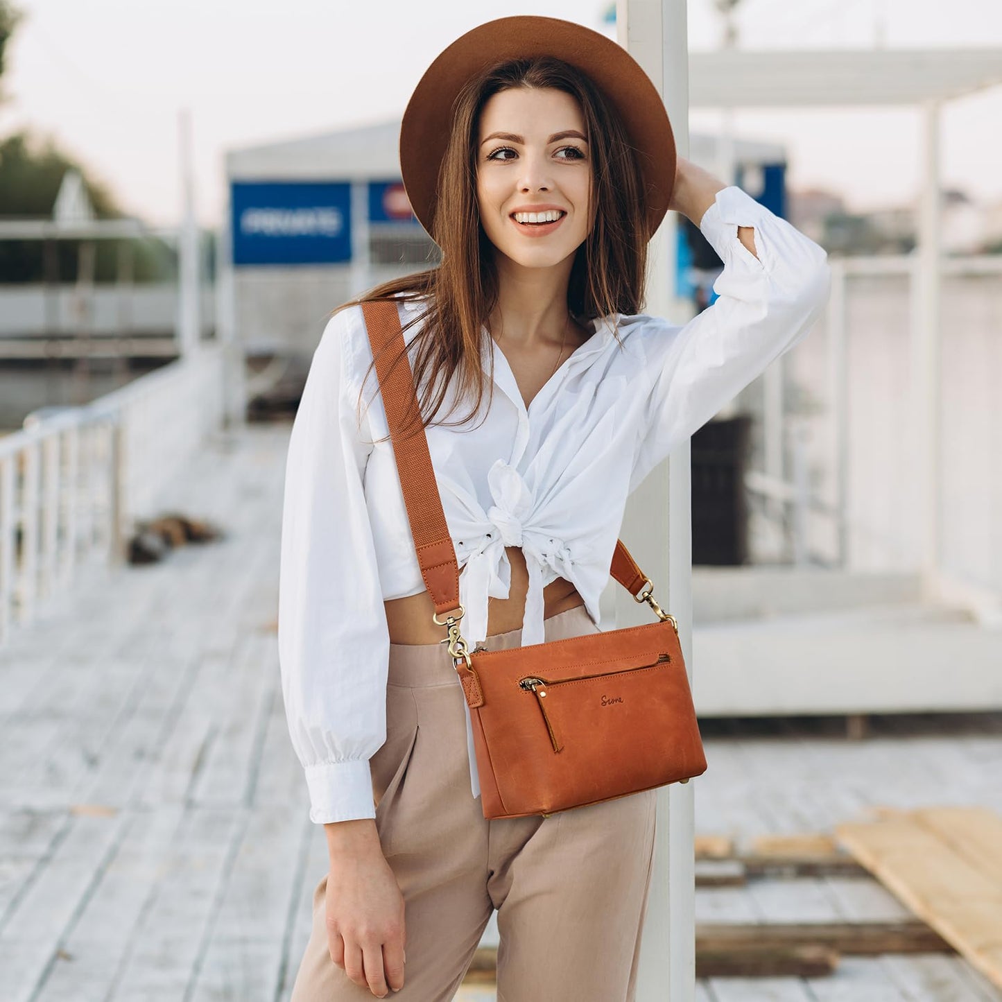 S-ZONE Crossbody Bags for Women Trendy Genuine Leather Small Shoulder Bag Purses with Wide Strap (Cognac)