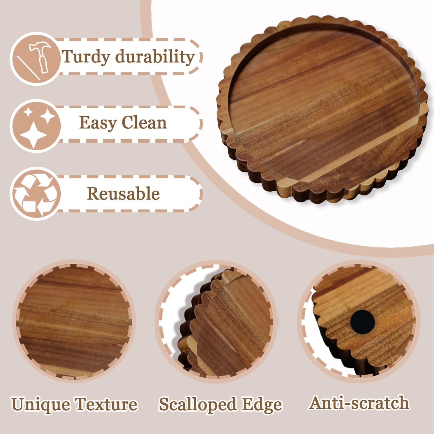Prylenza 11.8 Inch Round Acacia Wood Decorative Tray for Coffee Table - Unique Scalloped Edge Design, Ideal Wooden Centerpiece Trays for Kitchen, Dining Room, Living Room and Home Decor