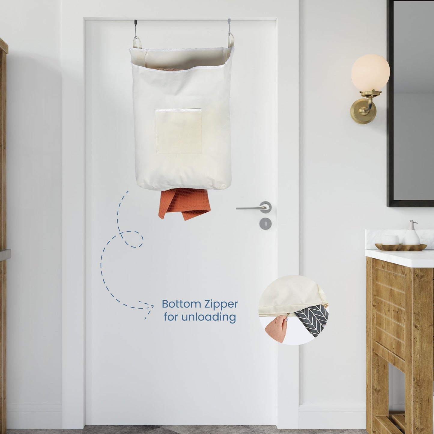 The Fine Living Co. Hanging Laundry Hamper with Over Door Hooks & Adhesive, Durable Space Saving Laundry Bag with Zipper and Wide Open Top, Hanging Dorm Laundry Hamper 18"x4.75"x28" (Beige-L)