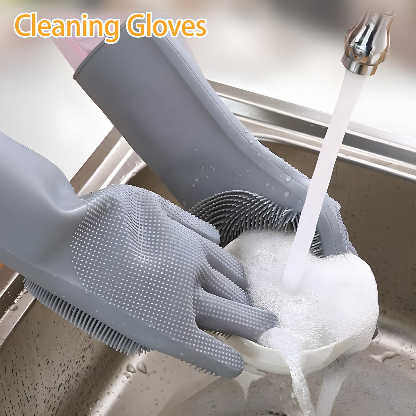 PEOKPIPLE 2 pairs Silicone Dishwashing & Pet Grooming Gloves - 2-in-1 Heat Resistant Gloves with High-Density Teeth, Enhanced Five Finger Design for Bathing, Cleaning Dishes, Cars, Dogs & Cats (Gray)