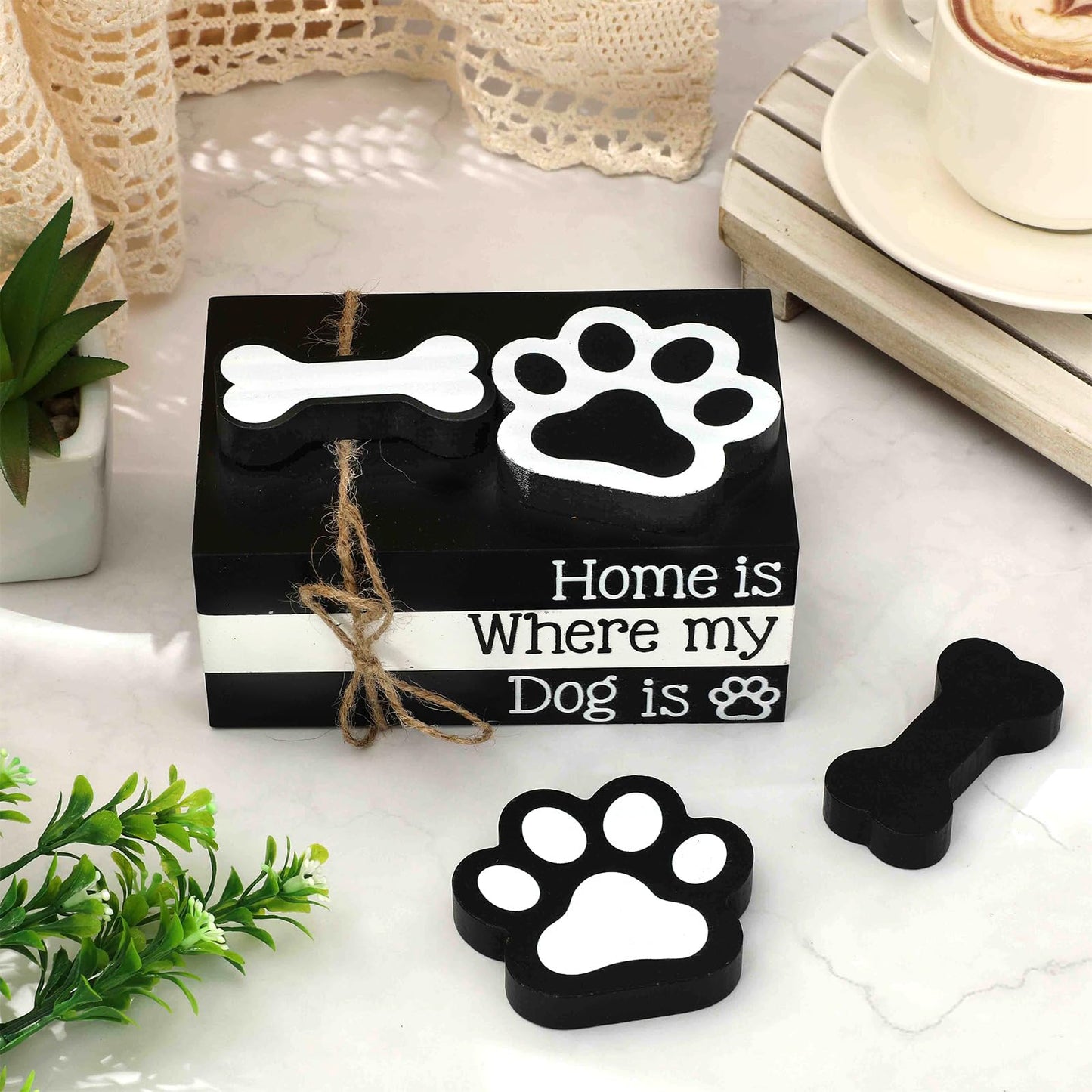 Whaline 7Pcs Dog Wooden Tiered Tray Decor Faux Stacked Books Dog Paw Bone Decorative Table Centerpiece Block Signs for Party Home Room Kitchen Dining Table Shelf Decoration