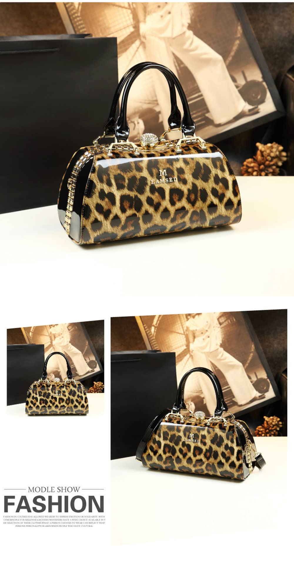Shirt Luv Fashion Leather Women's Top Handle Satchel Crossbody Handbags Crystal Evening Bag Purses Hard Shoulder Bags (Leopard)