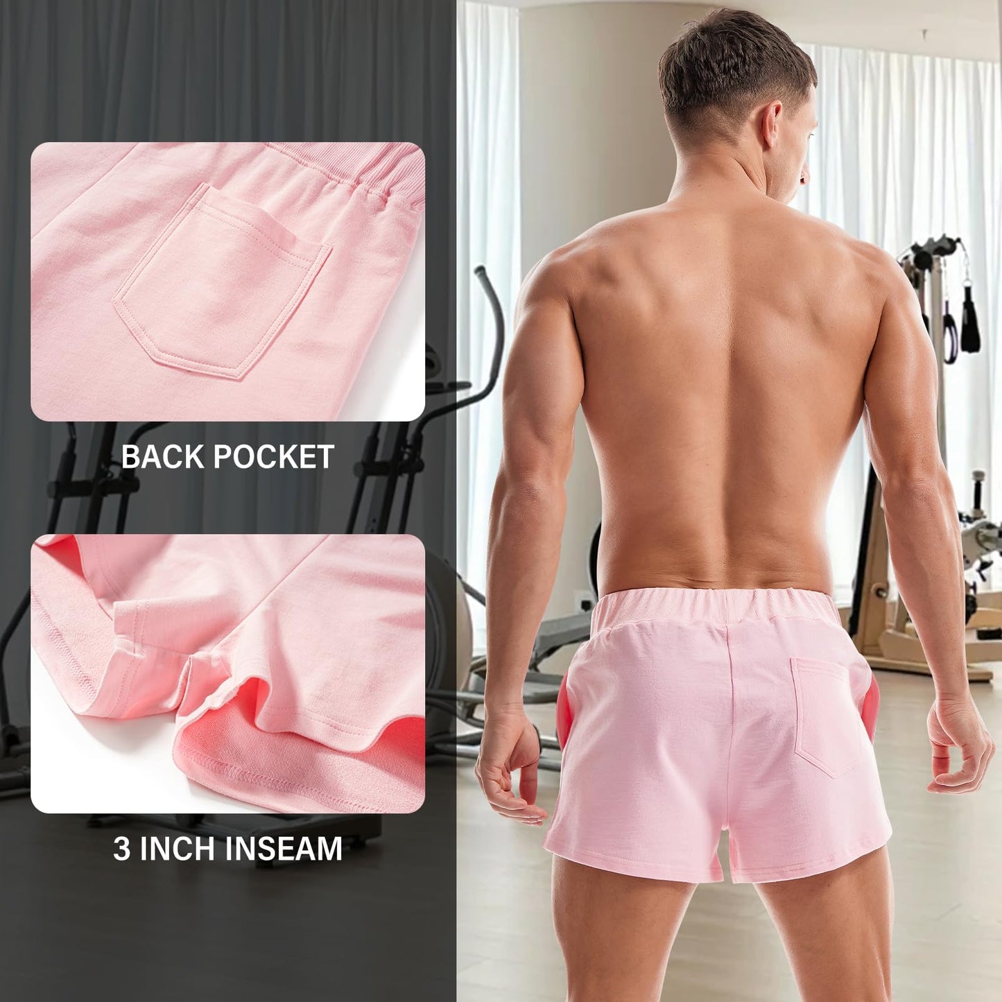 AMY COULEE Mens Sweat Shorts Cotton 3 inch Training Workout Gym Shorts Casual Running Shorts with Pockets (L, Pink)