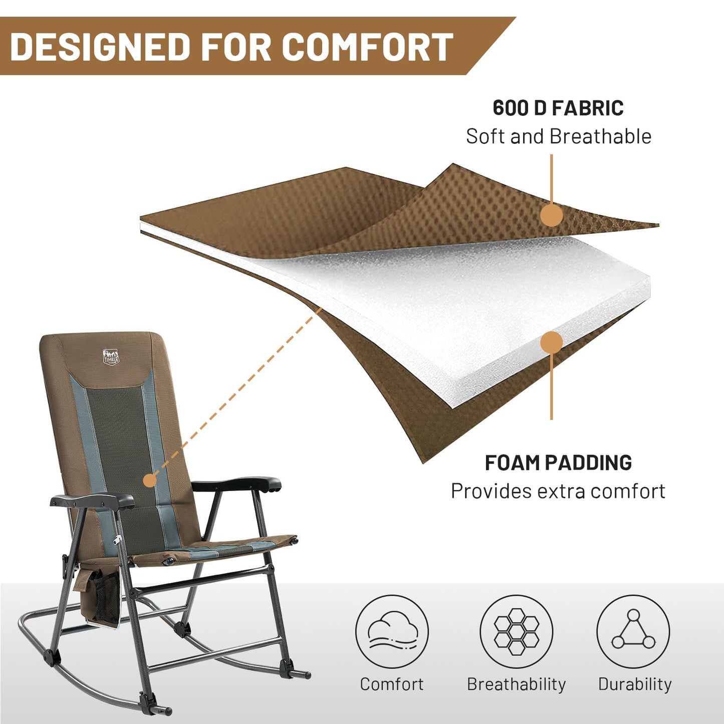 TIMBER RIDGE Foldable Padded Rocking Chair for Outdoor, High Back and Heavy Duty, Portable for Camping, Patio, Lawn, Garden, Yard or Balcony, Supports 300lbs (Brown)