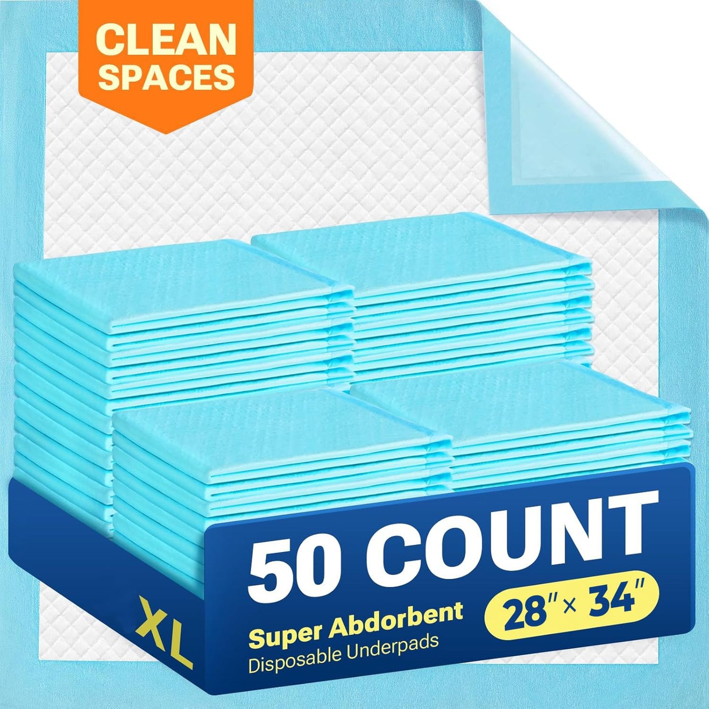 Clean Spaces Super Absorbent Puppy Pads 28"x34" 50 Count, Quick Drying Dog Training Pee Pads, Disposable Underpads for Baby and Adults