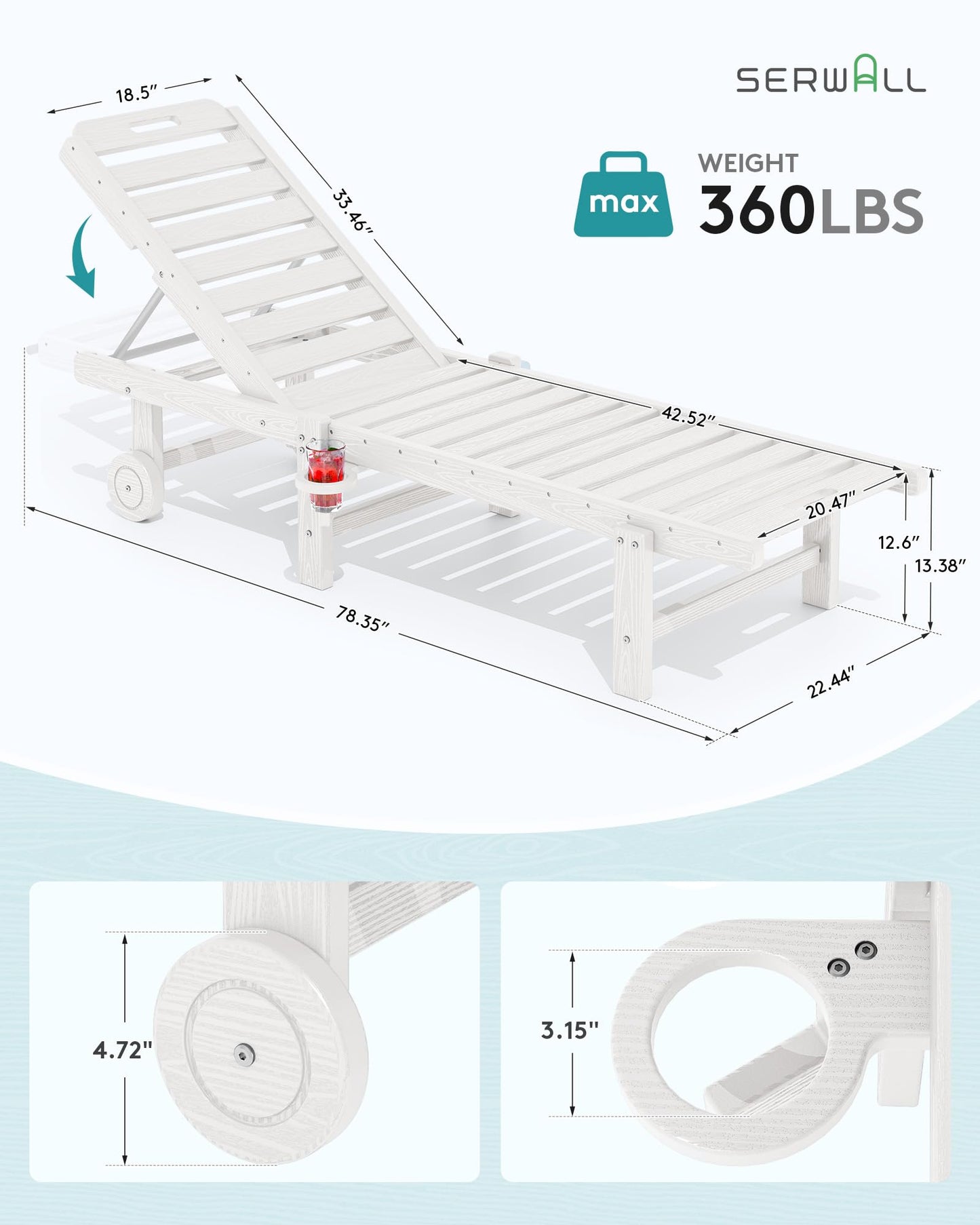 SERWALL Patio Chaise Lounge Set of 2, HDPE Outdoor Lounge Chair with Cup Holder, 5 Positions Adjustable Pool Lounge Chair with Rolling Wheels for Poolside, Deck, Sunbathing, White