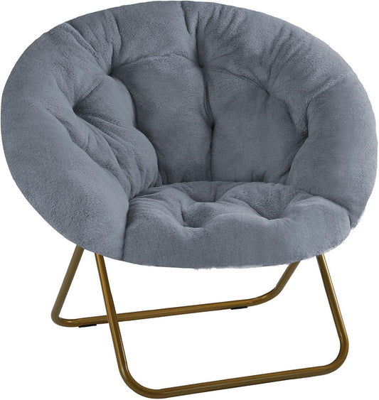 Elevon Saucer Chair Faux Fur with Soft and Thick Padded Seat Metal Frame, Modern Style Folding Cozy Chair for Bedroom, Living Room,XL, Grey