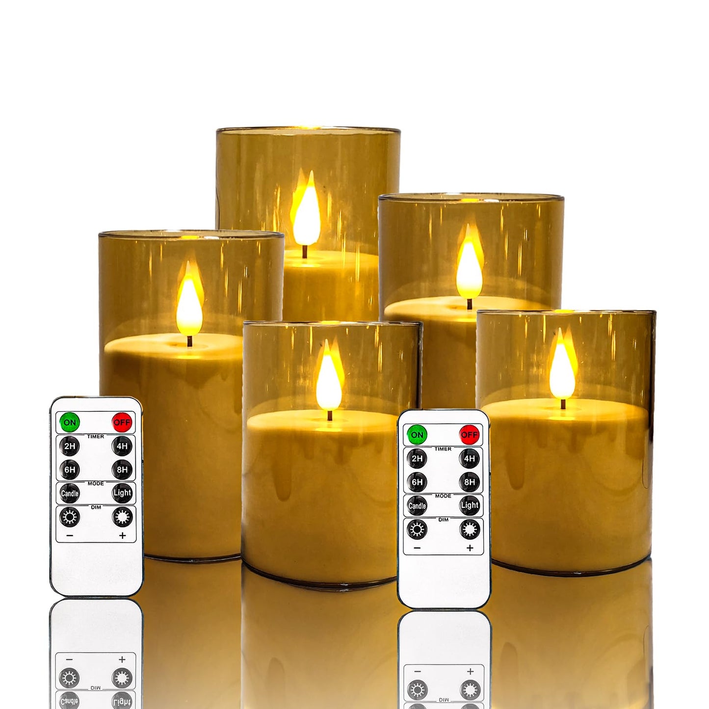 NICEME Amber Flickering Flameless Candles, Battery Operated Acrylic LED Pillar Candles with Remote Control and Timer Flameless Halloween Candles for Christmas New Year Home Decor, Set of 5