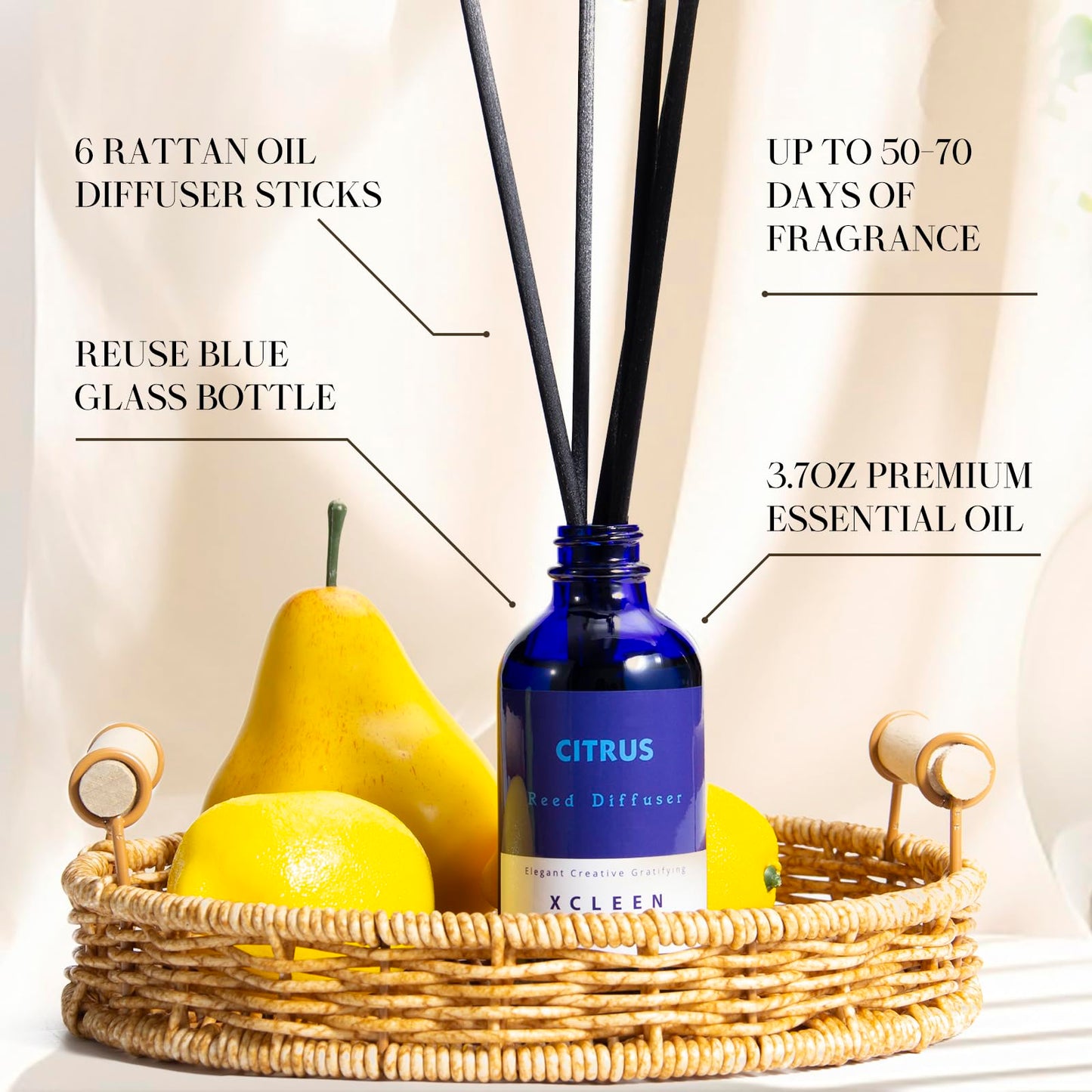 Xcleen Citrus Scented Reed Diffuser, Orange, Lime & Lemon Oil Reed Diffuser, Real Citrus! Holiday Home Fragrance for Bathroom Office Decor