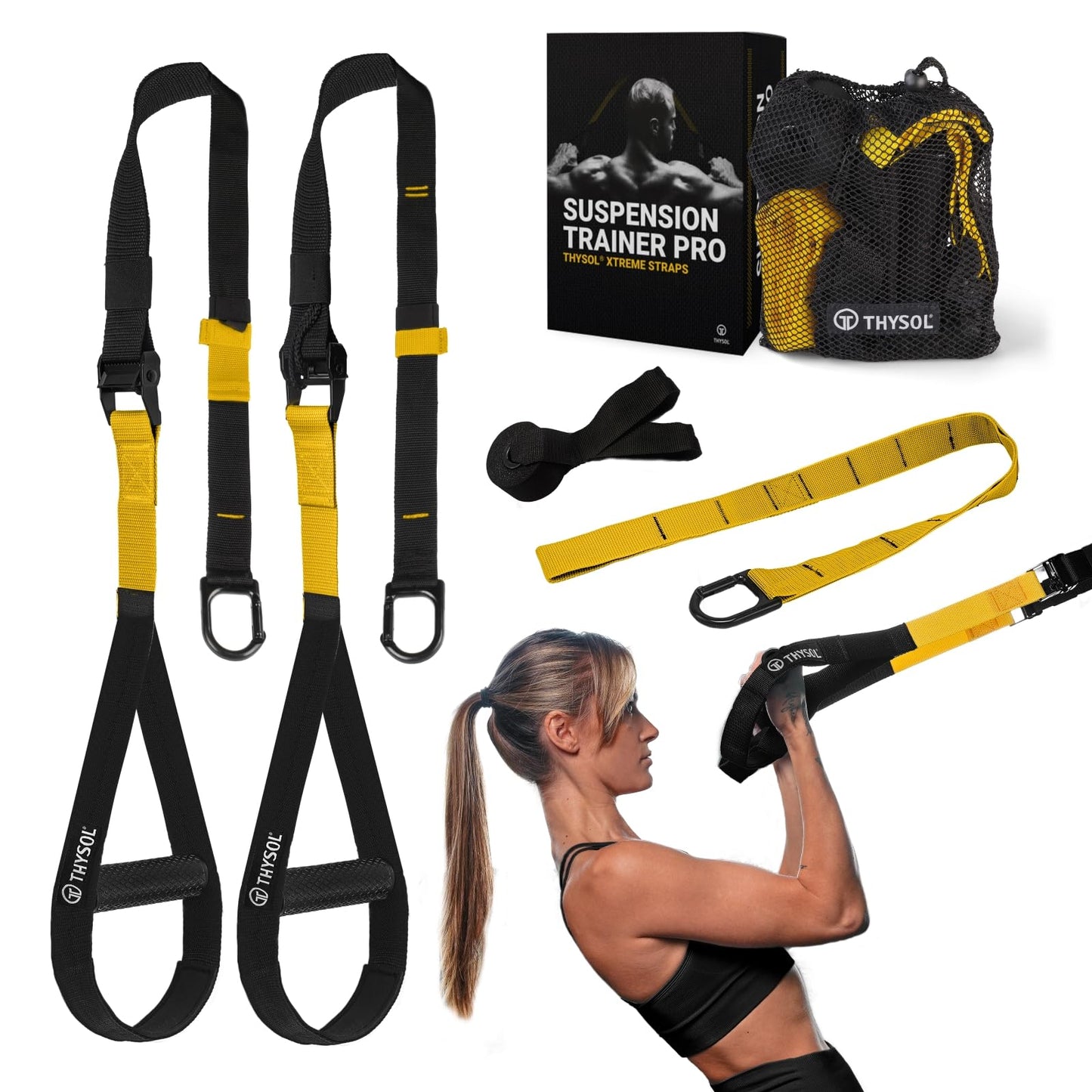 THYSOL® Resistance Trainer Pro Xtreme Straps Army | Sling Trainer Set with Adjustable Door Anchor | Fitness Home Workouts - Suitable for Travelling & for Training Indoor & Outdoor (Yellow)
