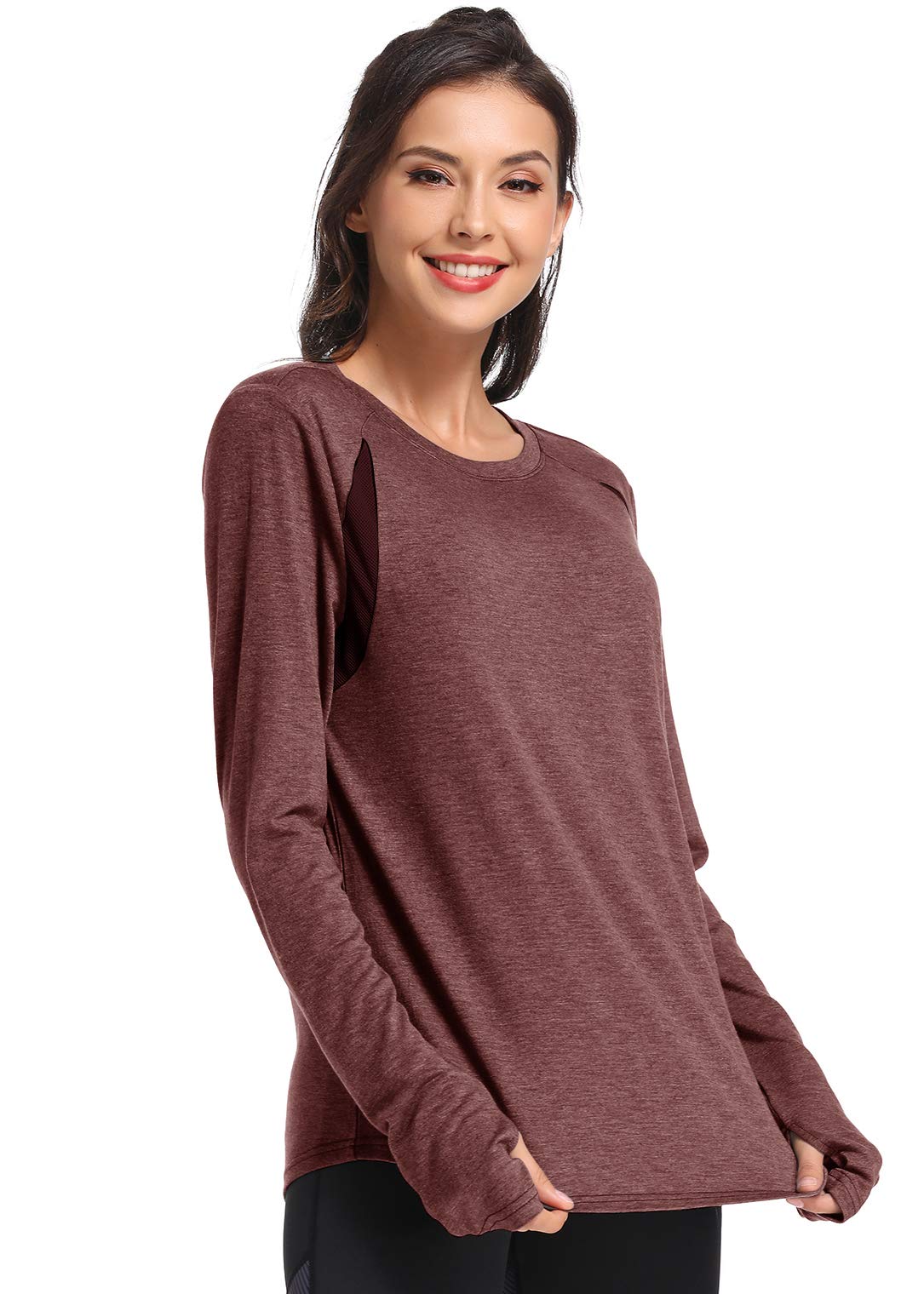 Muzniuer Womens Long Sleeve Workout Shirts-Plain Long Sleeve Tshirt for Women Yoga Sports T-Shirt Long Sleeve Breathable Shirts Activewear with Thumb Hole Burgundy S