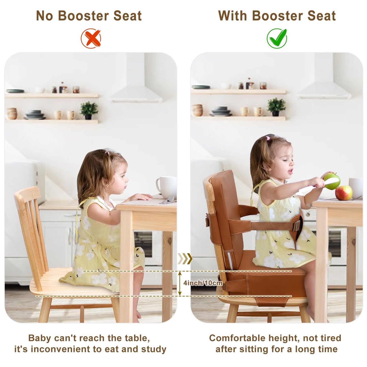 TOTIDYH Toddler Booster Seat for Dining Table, Non-Slip Kitchen Chair Booster Seat with Backrest and Adjustable Straps, Portable PU Waterproof Travel Baby Booster Increasing Cushion