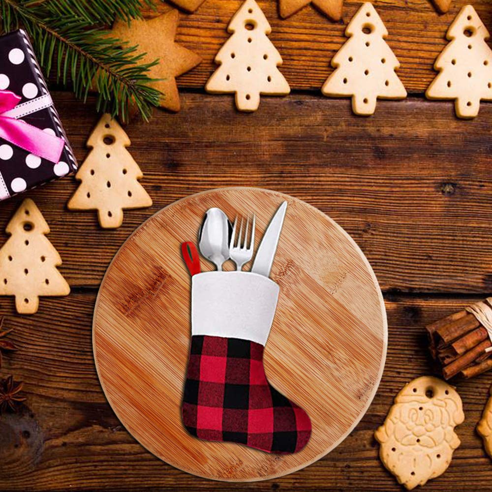 QBSM 24 Pack Mini Christmas Stockings, 7 inches Buffalo Plaid with Plush Cuff Small Stockings, Xmas Classic Black Red Plaid Stockings Decorations for Whole Family