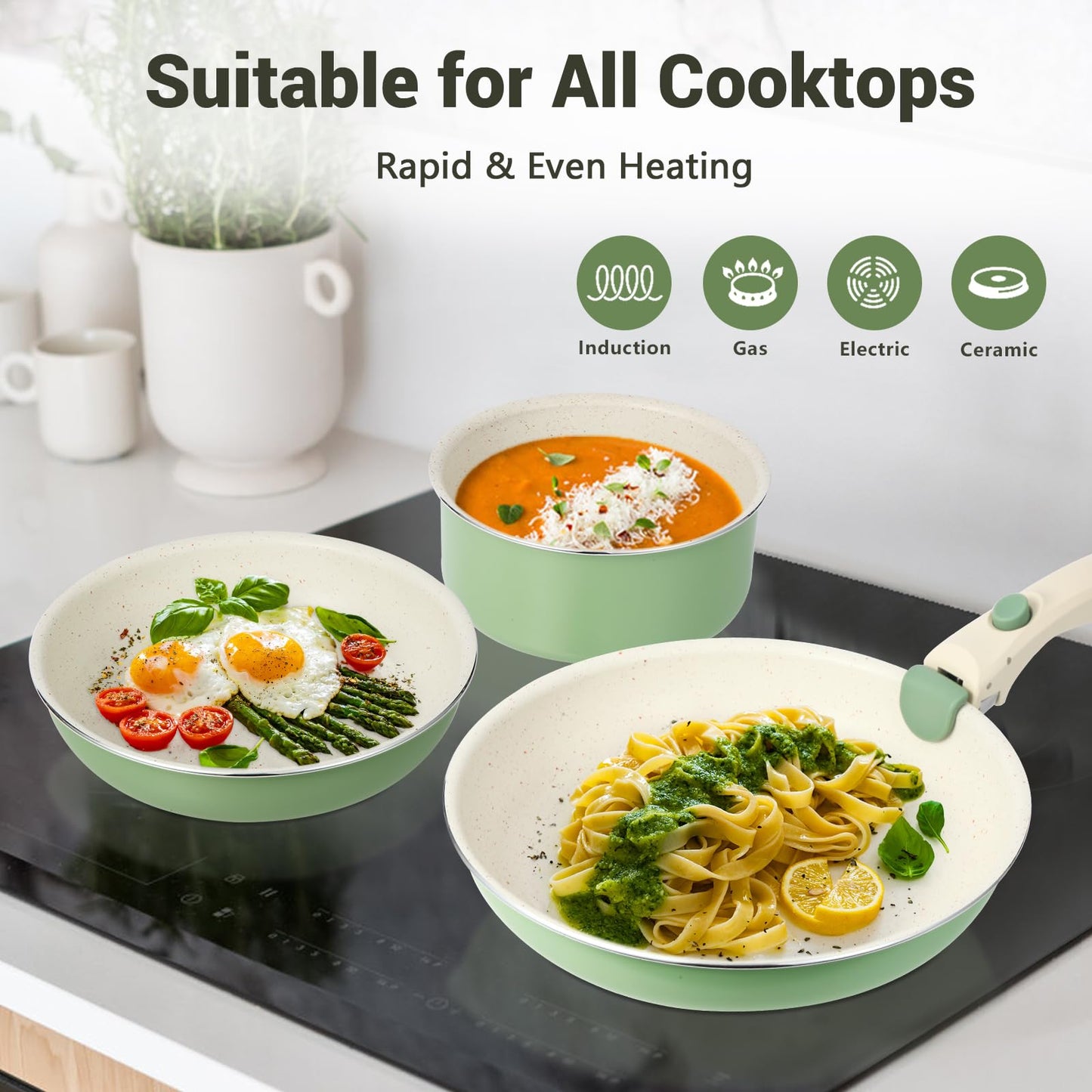 M MELENTA Pots and Pans Set Non Stick, 8pcs Granite Cookware Set, Detachable Handle Pots and Pans, Nonstick Induction Cookware with Removable Handle, Oven Safe RV Cooking Set, Green