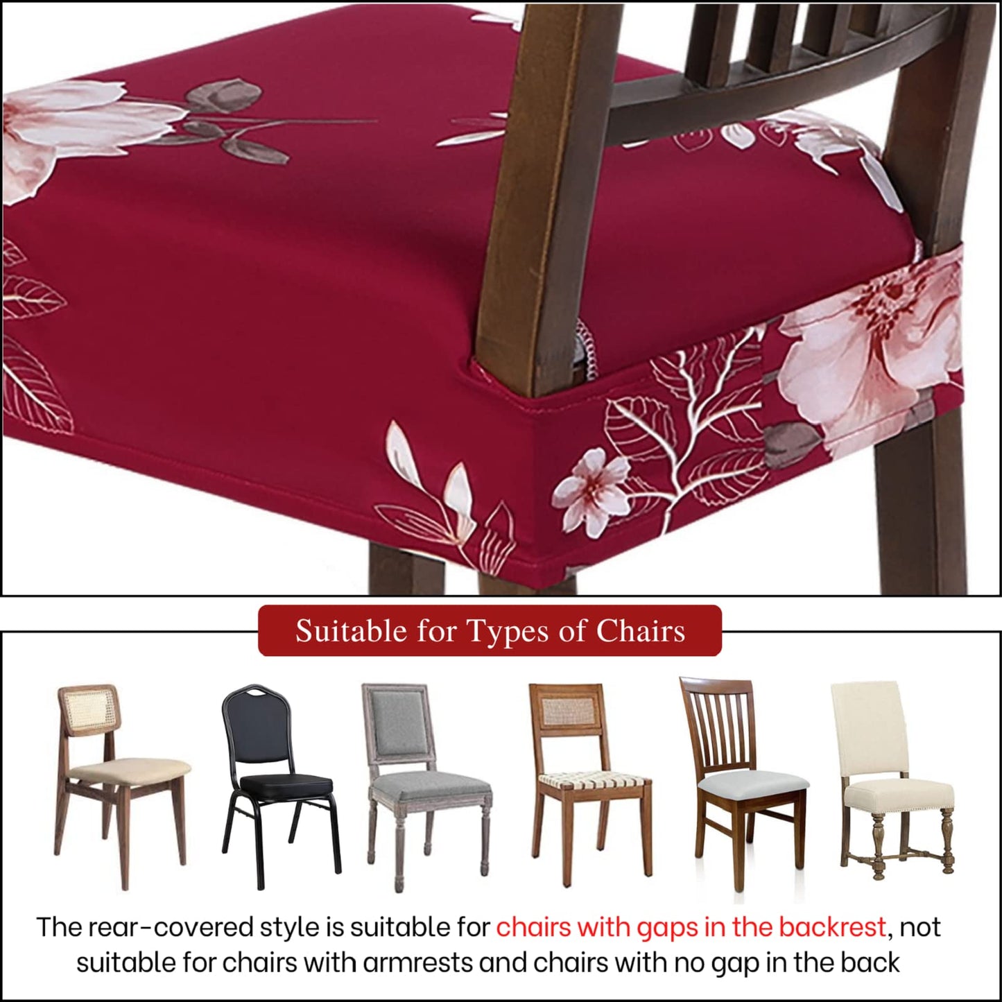 SearchI Stretch Dining Chair seat Covers Set of 6, Soft Removable Washable seat Covers for Dining Chairs, Dining Room seat Cover Protector (Rear-Covered, Red)