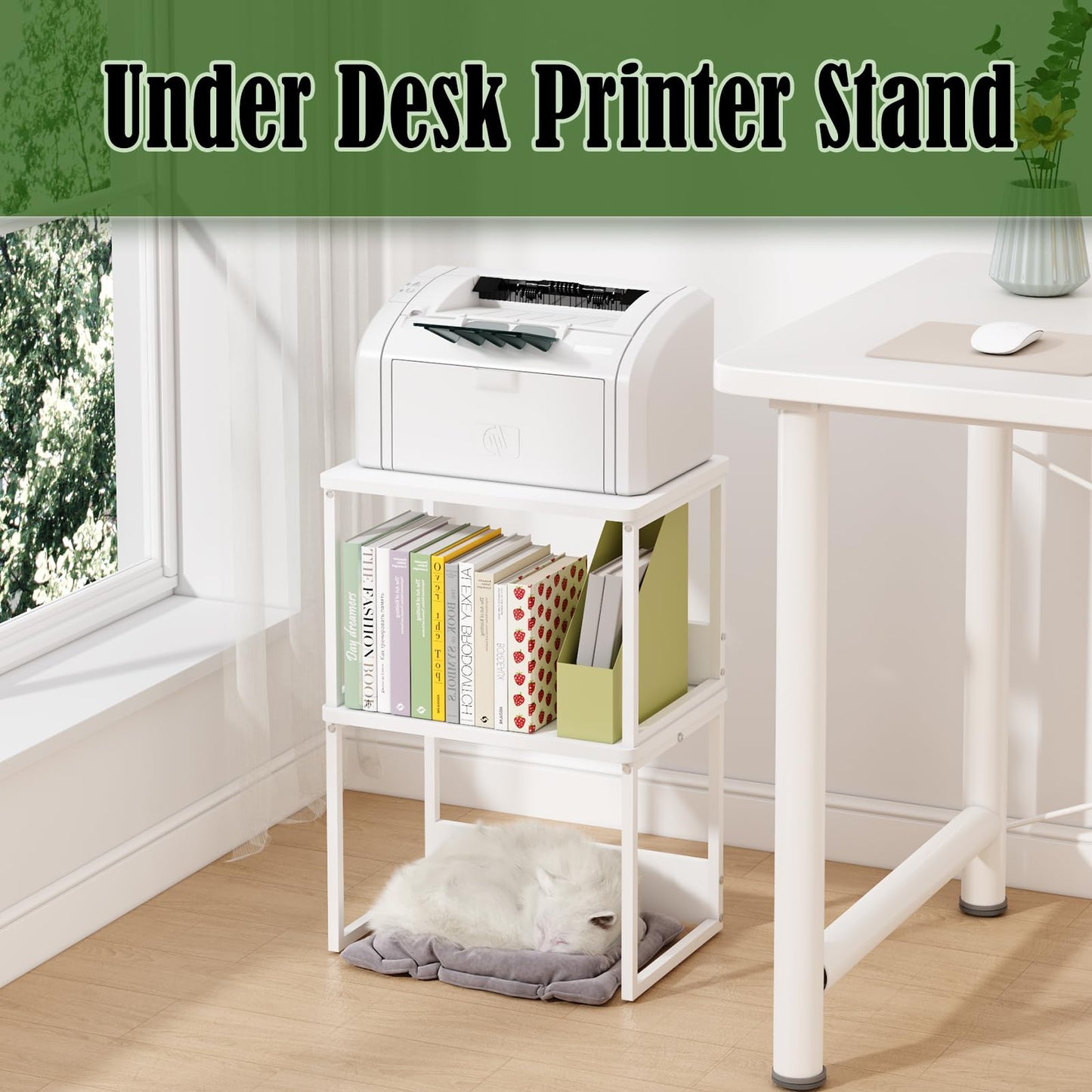 MARTY Desktop Printer Stand 2 Pack Printer Stand with Storage for Desk, Shelf Organzier for Home/Office Printer Riser Under Desk Small Table for Printer Fax Machine Scanner(White)