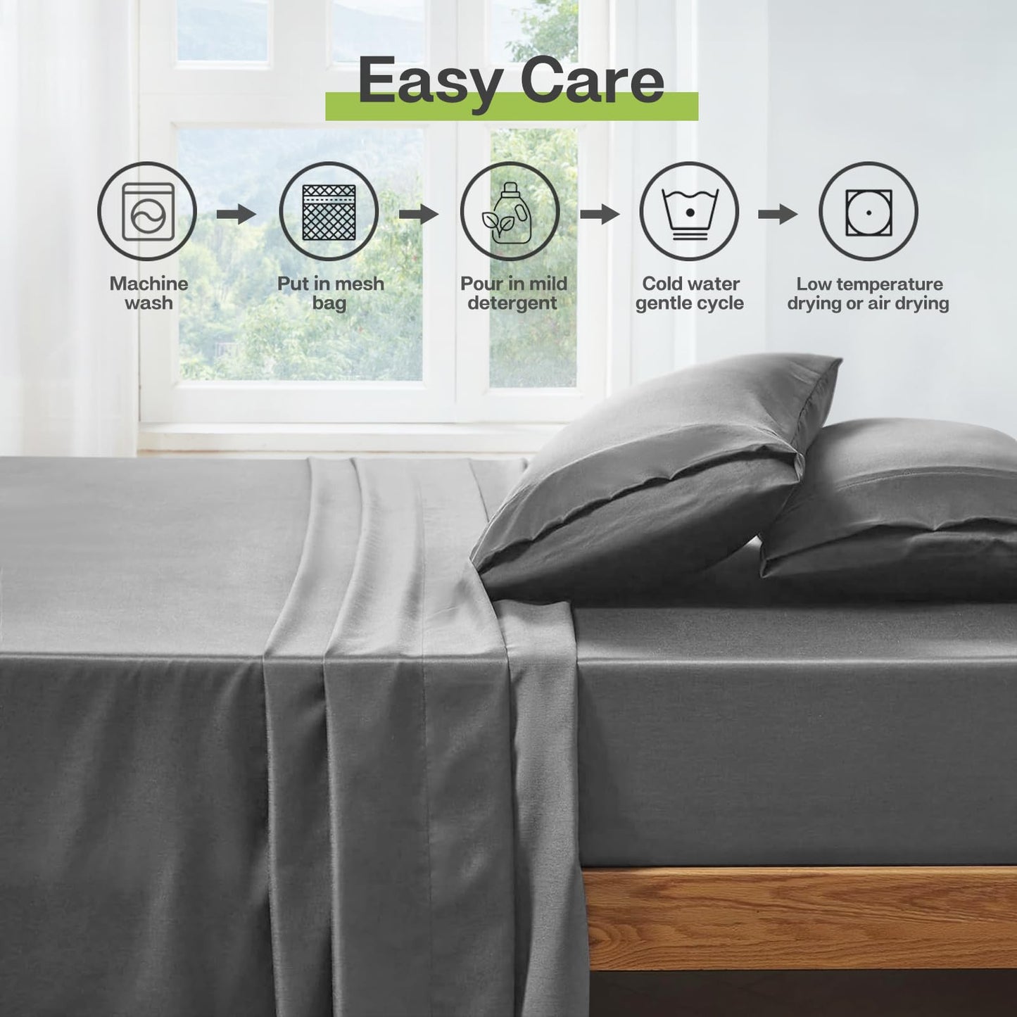 MR&HM Queen Sheet Set, 4-Piece Cooling Sheets, Rayon Derived from Bamboo & Polyester Blend, Soft & Silky, 15" Deep Pockets with Elastic Straps, Hotel Luxury for Hot Sleepers, Grey