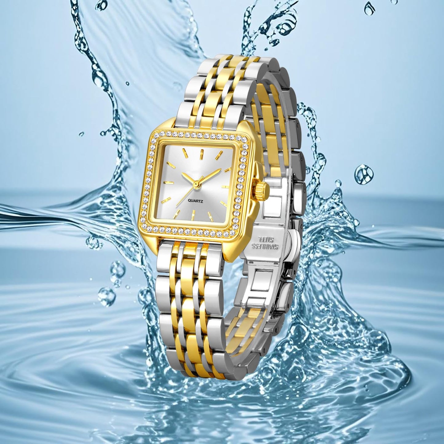 BESTKANG Luxury Golden Square Women's Watch - Retro Vintage Bracelet Diamond Waterproof Quartz Wristwatch, Elegant Small Dress Watch for Women (Two Tone White)