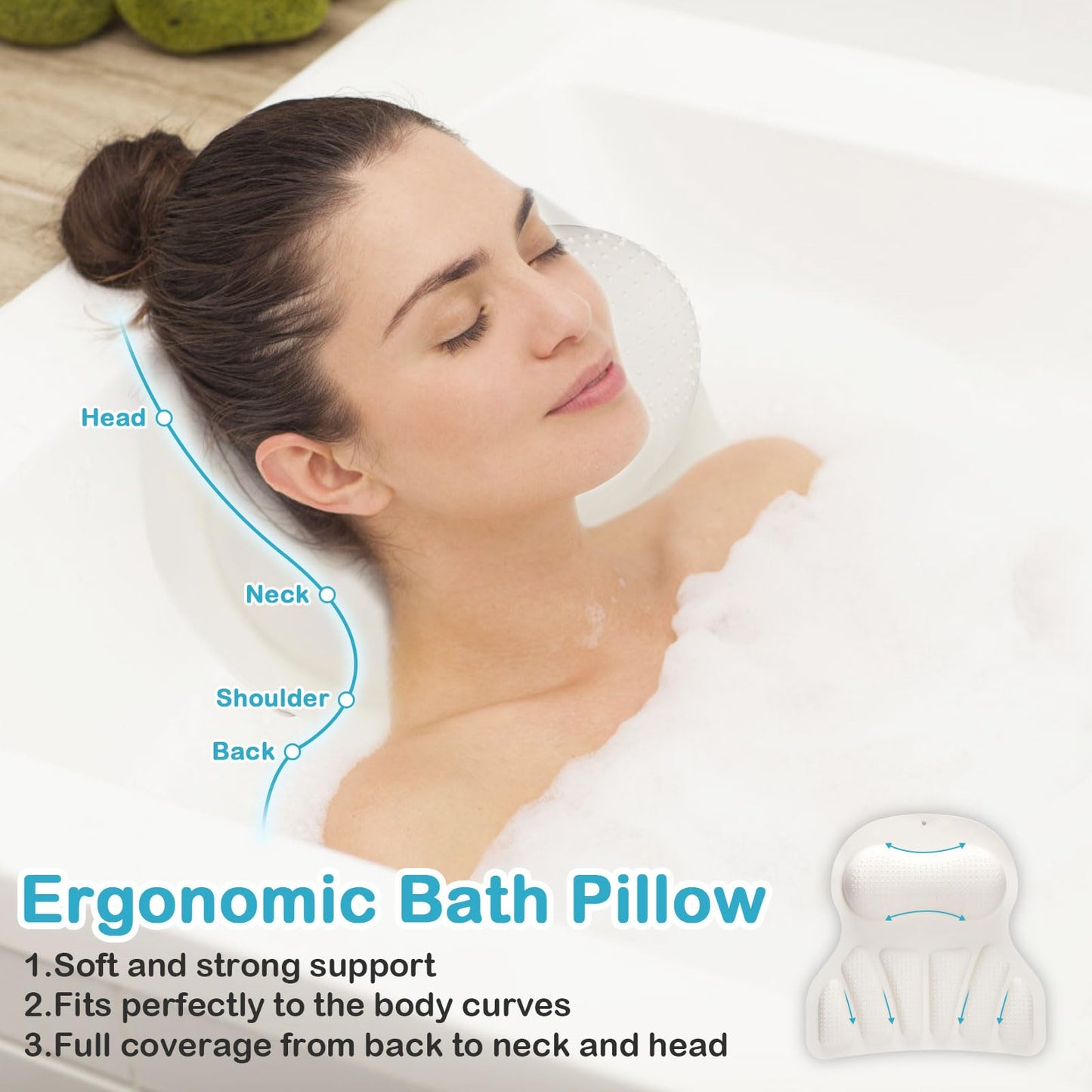Velfree Bath Pillows for Tub, Bath Pillow Luxury Bathtub Pillow for Head Neck Back Support, 3D Silicone Bath Tub Pillow with Non Slip Suction Cups, Bathtub Accessories Spa Gifts for Women Men