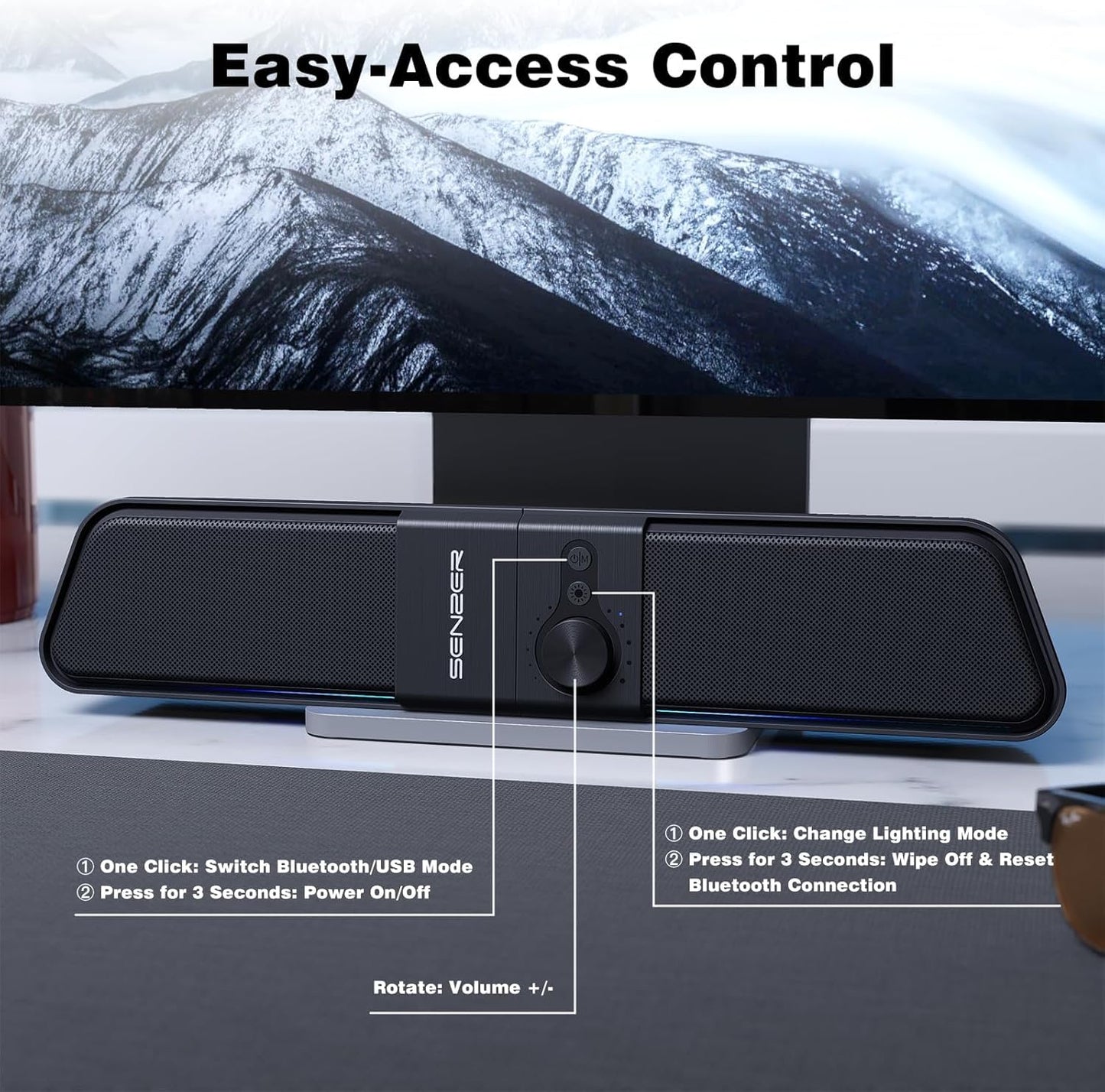 SENZER CS20 2 in 1 Bluetooth Computer Speakers for Desktop, USB Plug & Play Clear Sound PC Speakers with RGB Light, Monitor Sound Bar with Volume Knob, Gaming Speaker for PC Laptop Phone Tablet