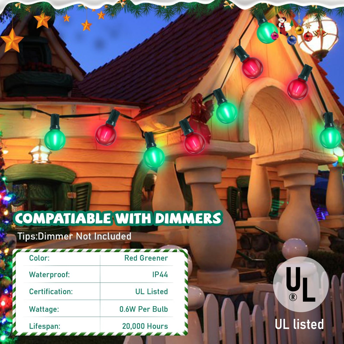 G40 LED Outdoor Christmas String Lights 50FT Hanging Globe String Light with 27 LED Shatterproof Frosted Red Green Lights(2 Spare), Waterproof Patio String Lights for Balcony Backyard Pergola Decor