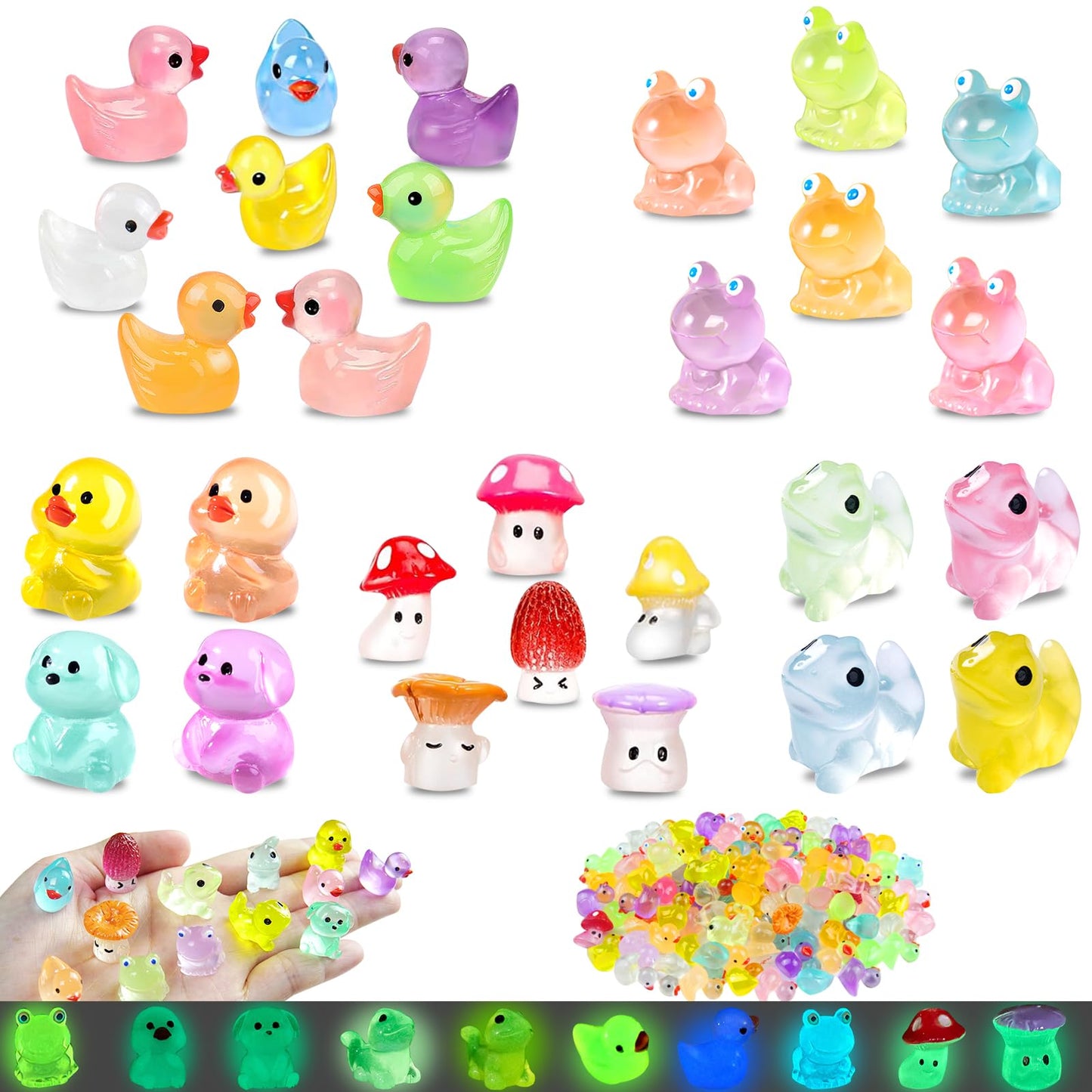 LOIKMIUP 100PCS Luminous Mini Animals Glow in The Dark, Tiny Animals Figures Resin Duck Frogs Mushroom 5 Combination Set for Prank Garden Micro Landscape Dollhouse Decor Craft