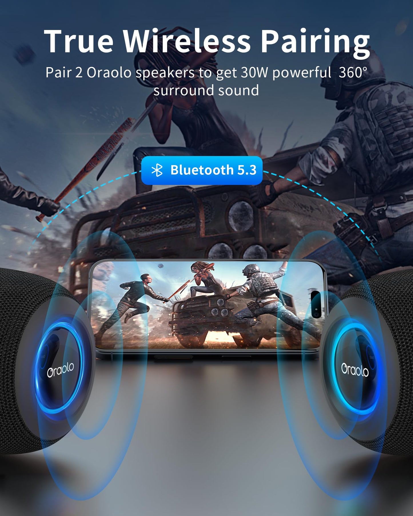 Oraolo Bluetooth Speaker, IPX7 Waterproof Portable Bluetooth Speaker with 15W Immersive Audio, 30H Playtime, LED Light, Bluetooth 5.3, Support TWS, Wireless Speakers for Outdoor Camping Home