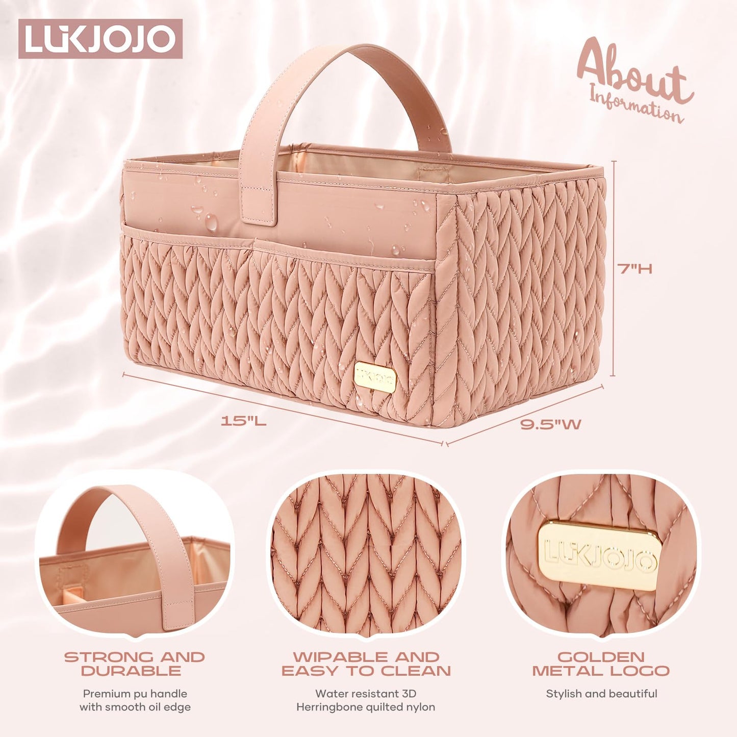 LUKJOJO Luxurious Baby Diaper Caddy, Nursery Storage Basket for Newborn Boy and Girl, Travel Baby Basket for Diapers Baby Wipes, Organizer Tote Bag Storage Bin, Baby Shower Gifts(dusty rose)