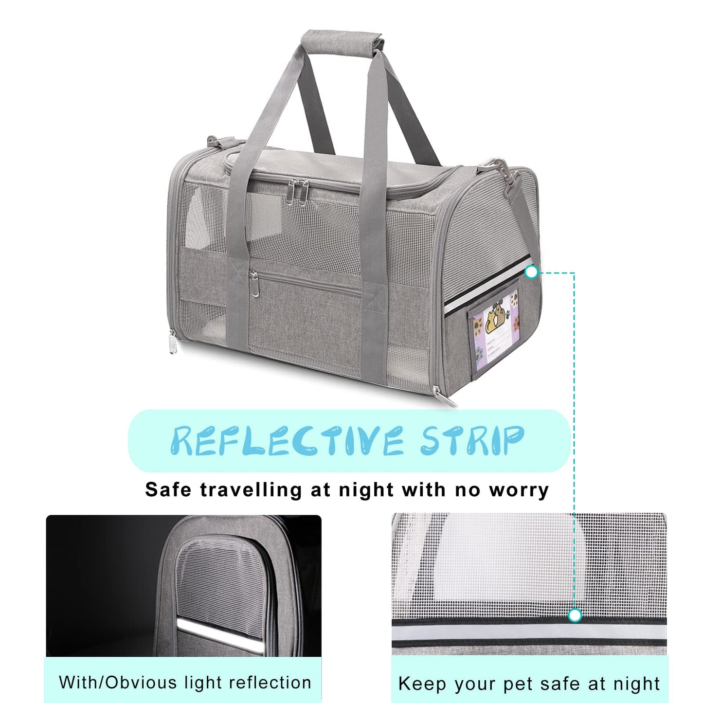 CUSSIOU Soft Sided Cat Carrier for Small Cats Puppies up to 15 Lbs, Airline Approved Pet Carrier Collapsible Travel Puppy Carrier with Reflective Strip, Grey