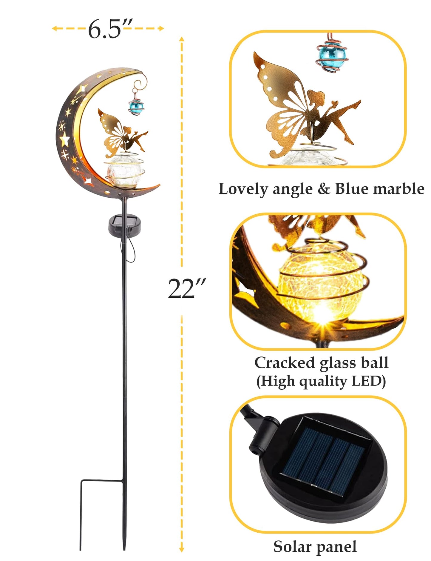 FKKsparkler Solar Powered Garden Decor Lights Moon Fairy Crackle Glass Globe with Gold Angel Decor Waterproof Stake Lights for Pathway, Yard, Lawn, Patio Outdoor Decor Garden Gifts Decoration