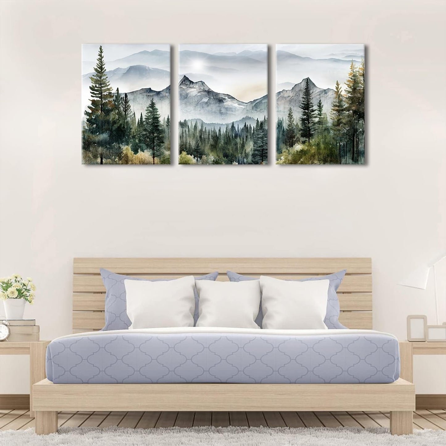 Dytila Framed Green Mountain Wall Art Set of 3, Misty Forest Pictures Wall Decor Neutral Nature Paintings Modern landscape Canvas Prints Sunrise Artwork for Living Room Office Hallway 12x16 in