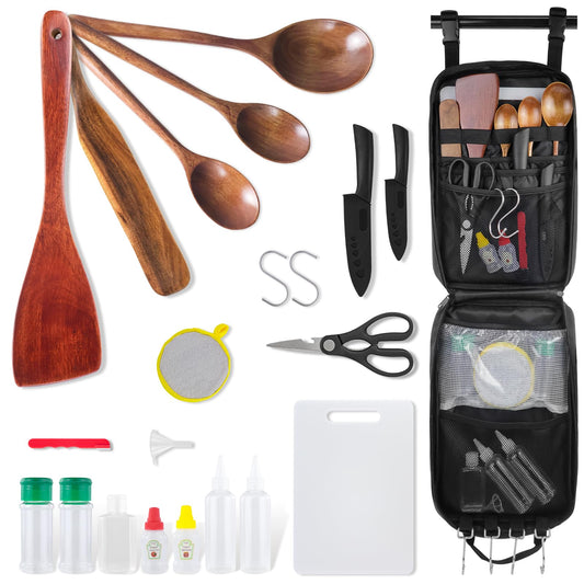 Camping Cooking Cookware Set - Upgraded 22PCS Camp Kitchen Organizer with Wooden Utensils, Portable Gear for Outdoor Dining Essentials