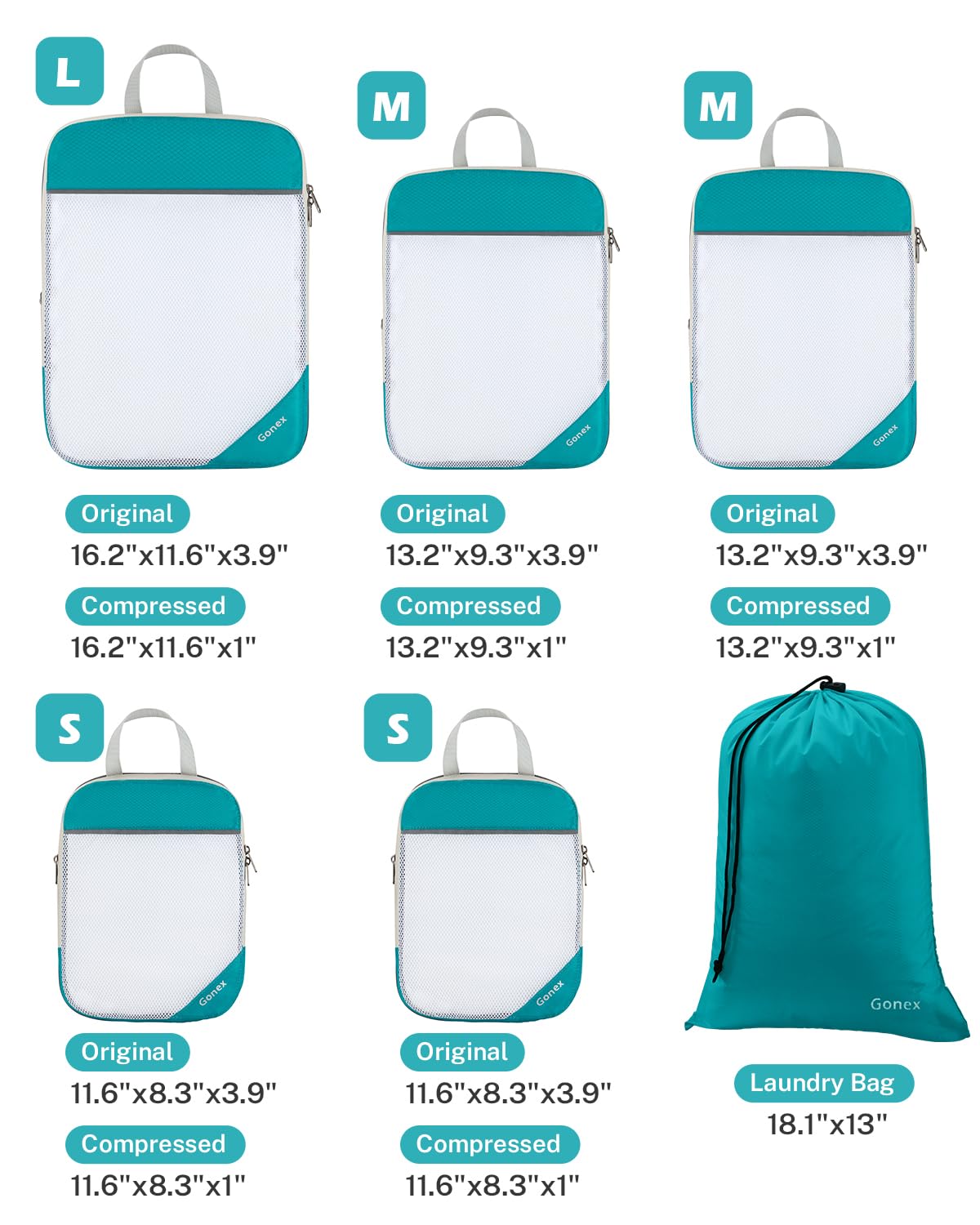 Gonex Compression Packing Cubes Mesh Organizers 1L+2M+2S+Laundry Bag Blue