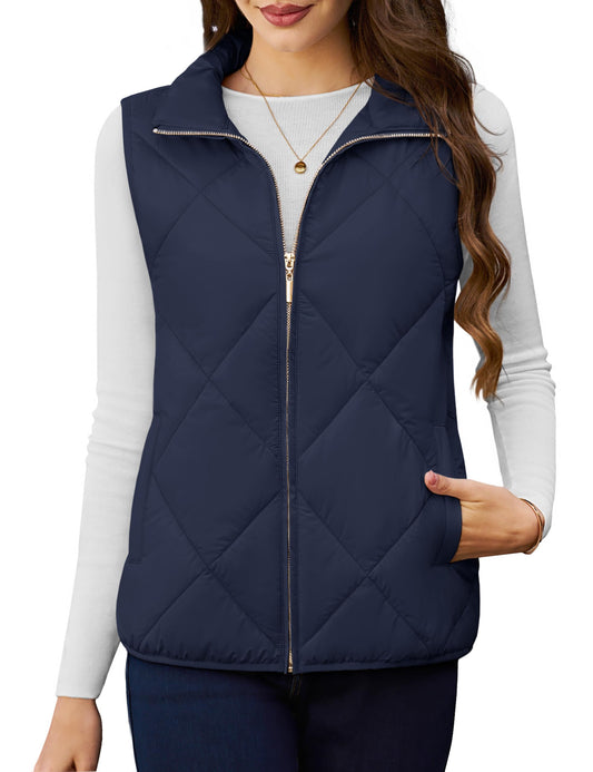 YUCOLEN Womens Quilted Vest 4 Pockets Zip Up Puffer Vests Lightweight Sleeveless Winter Warm Stand Collar Puffy Jacket Padded Outerwear Navy blue XL