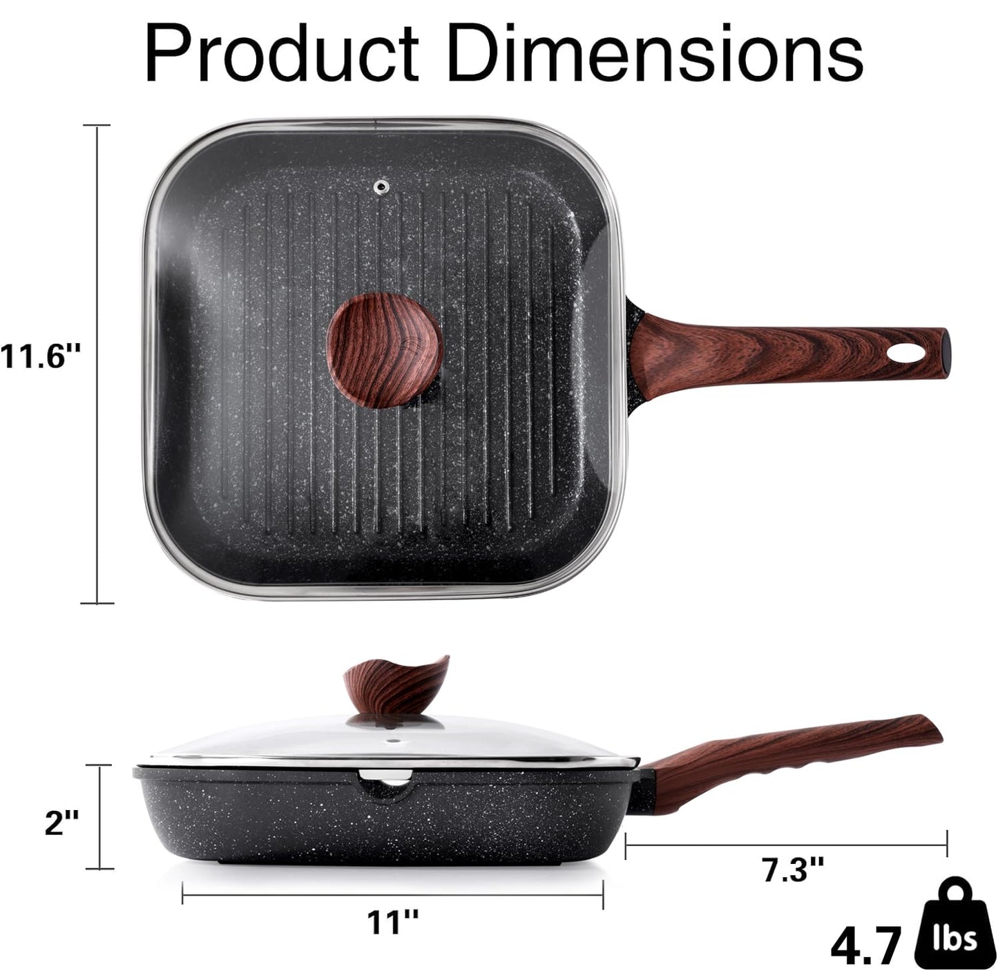 Kordisen Nonstick Grilling Pan with Lid for Stove Tops, 11 Inch Square Grill Pan for Indoor Cooking, Granite Coating Grill Skillet with Pour Spouts, Versatile Griddle, Induction Steak Pan, PFOA Free