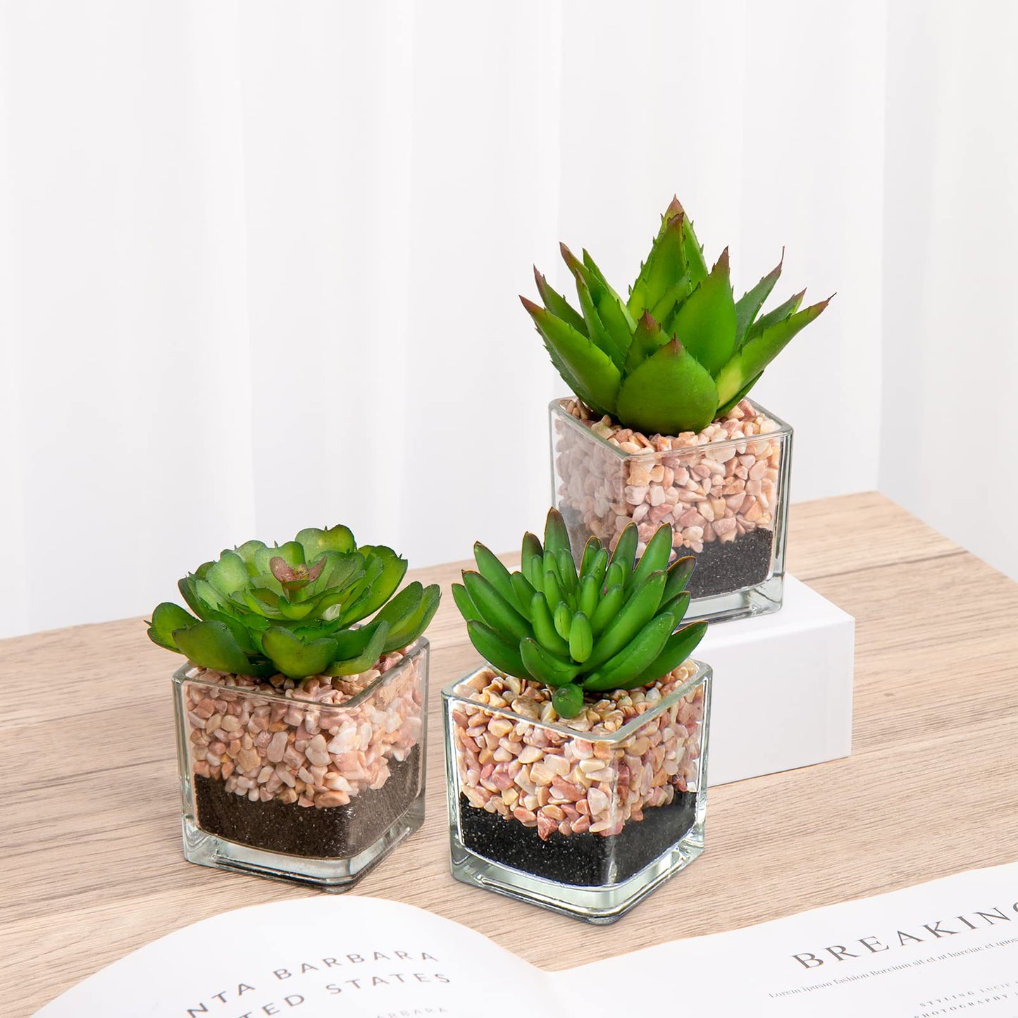 Briful Mini Fake Plants 3 Packs Cute Succulents Artificial Plants in Square Glass Vase Pot Potted Faux Succuletns for Living Room Dining Room Bathroom Kitchen Windowsill Table Decor
