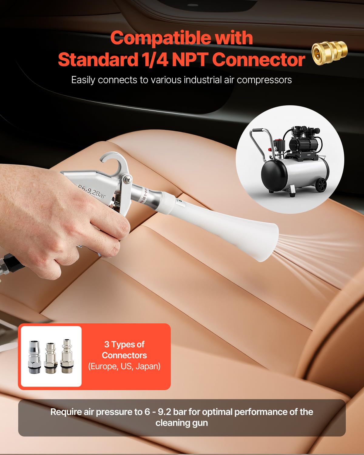 VEVOR Car Cleaning Gun, 6-9.2 Bar High-Pressure Air Blow Gun with 2 Set Nozzles, 360° Rotating Nozzle for Thorough Cleaning, Quickly Blasts Dirt and Dust from Surface, Work with 1/4 NPT Air Compressor