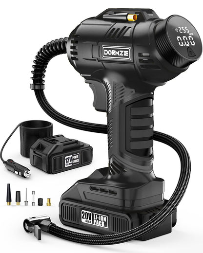 Tire Inflator Portable Air Compressor, 150 PSI Handheld Air Pump for Car Tires with 20V Rechargeable Battery, 12V Car Power Adapter, Digital Display, Ball, Motorcycle, Bike Pump