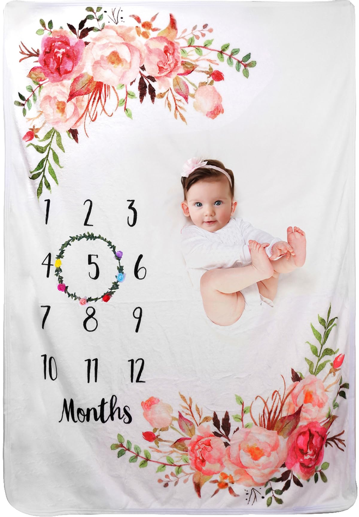 Baby Monthly Milestone Blanket for Boy Girl Soft Floral Memory Blanket Newborn Growth Chart Milestone Blanket Cute Photo Background Blanket with Wreath (51x40In)
